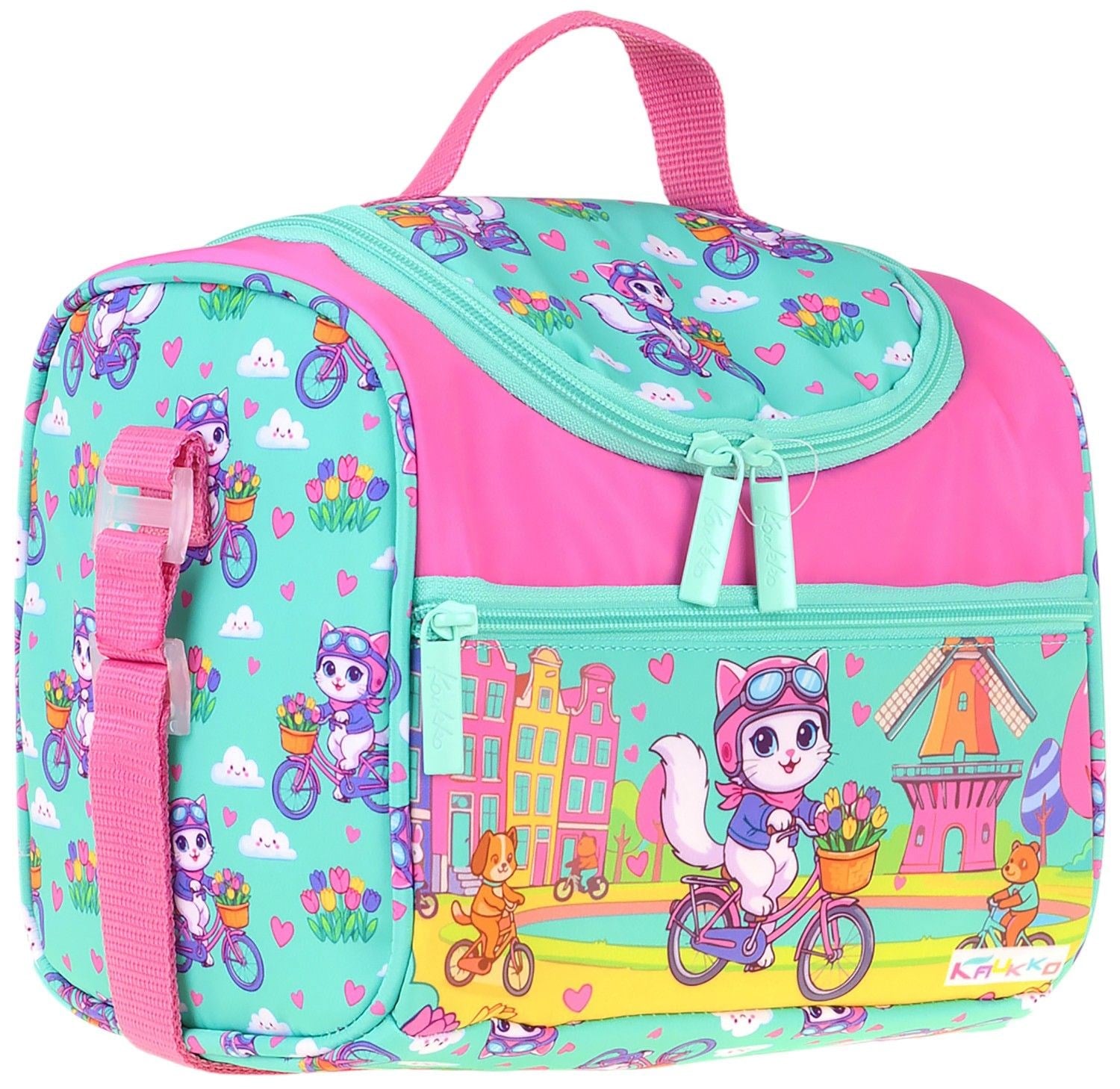 Kaukko Kids Kız Çocuk Bisikletli Kedi Baskılı Isı Yalıtımlı Okul Beslenme Çantası (Yeşil - Pembe) - L5329