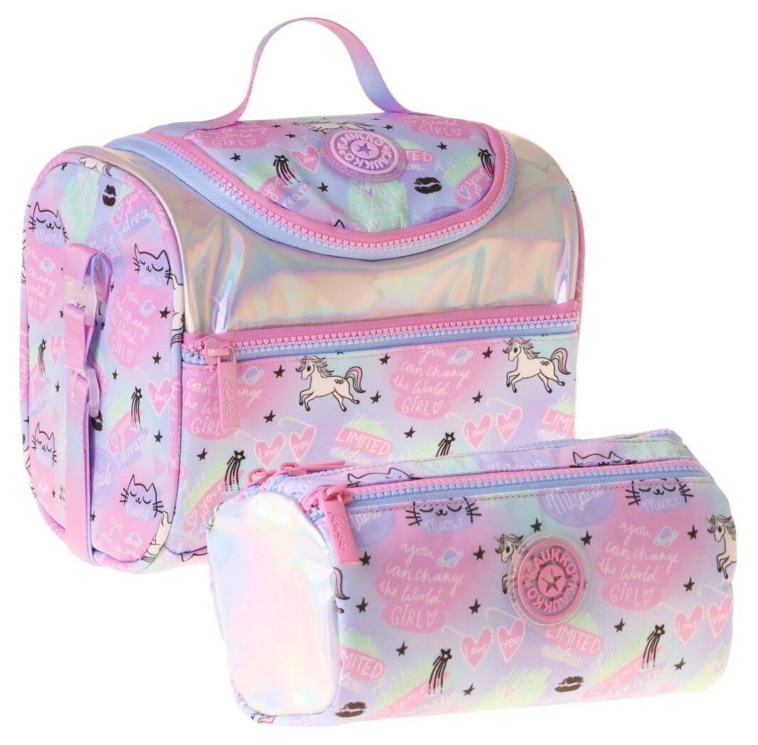 Kaukko Kids Kız Çocuk Dream Baskılı Çok Renkli Thermo Beslenme Çantası ve Kalemlik Seti - SETKK-L5344