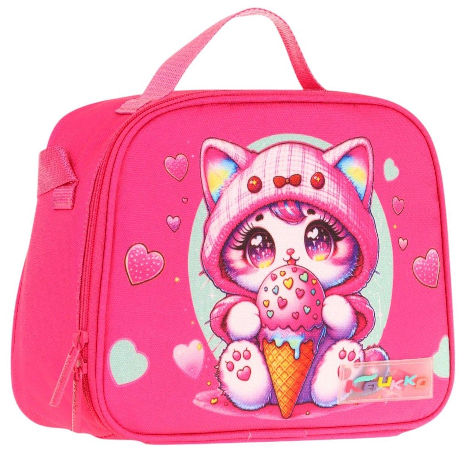 Kaukko Kids Kız Çocuk Isı Yalıtımlı Okul/Piknik Beslenme Çantası (Dondurma Yiyen Kedi) L7250
