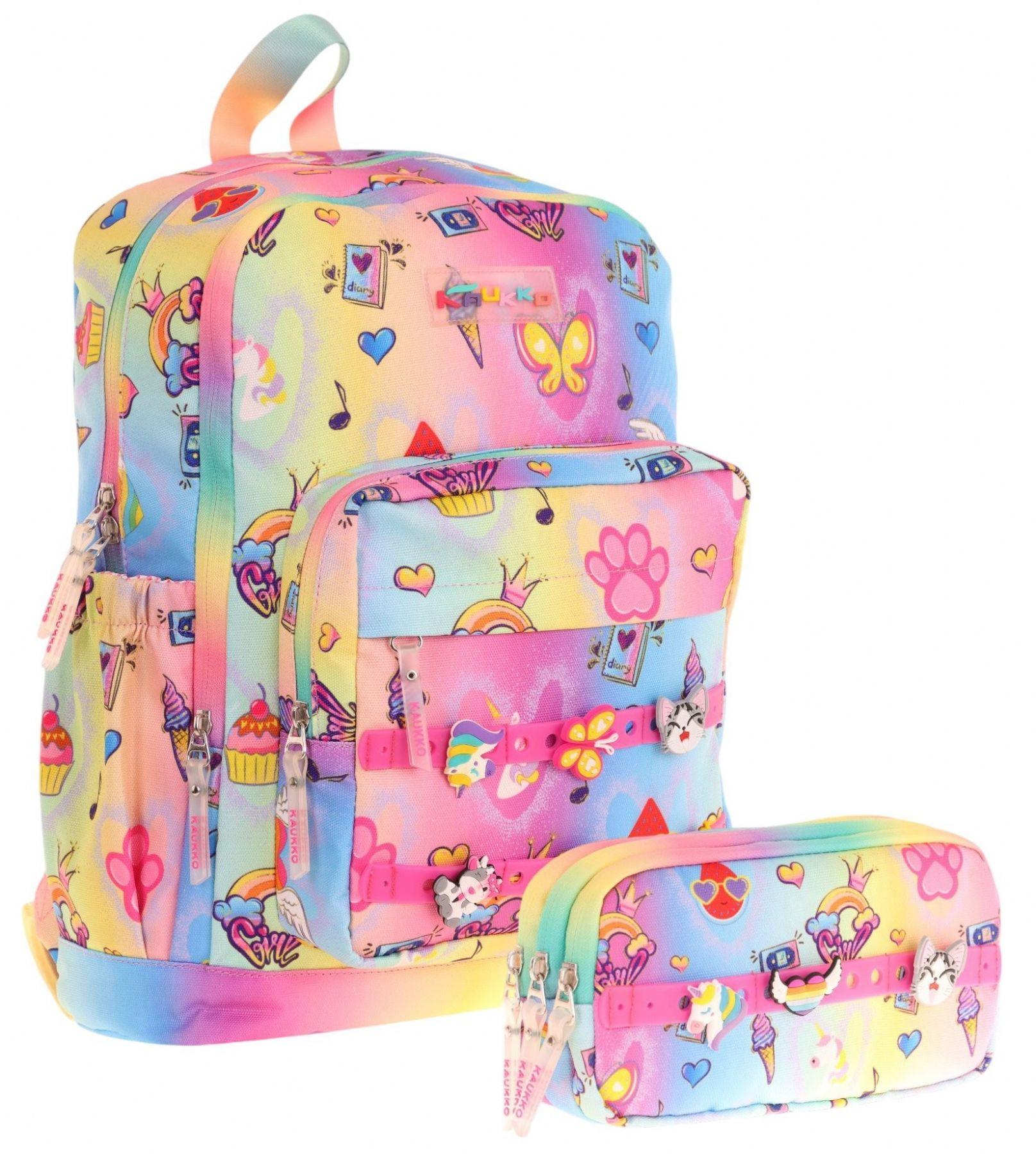 Kaukko Kids Kız Çocuk Mavi Sarı Okul Çantası ve Üç Bölmeli Kalemlik Seti - Silikon Aksesuarlı