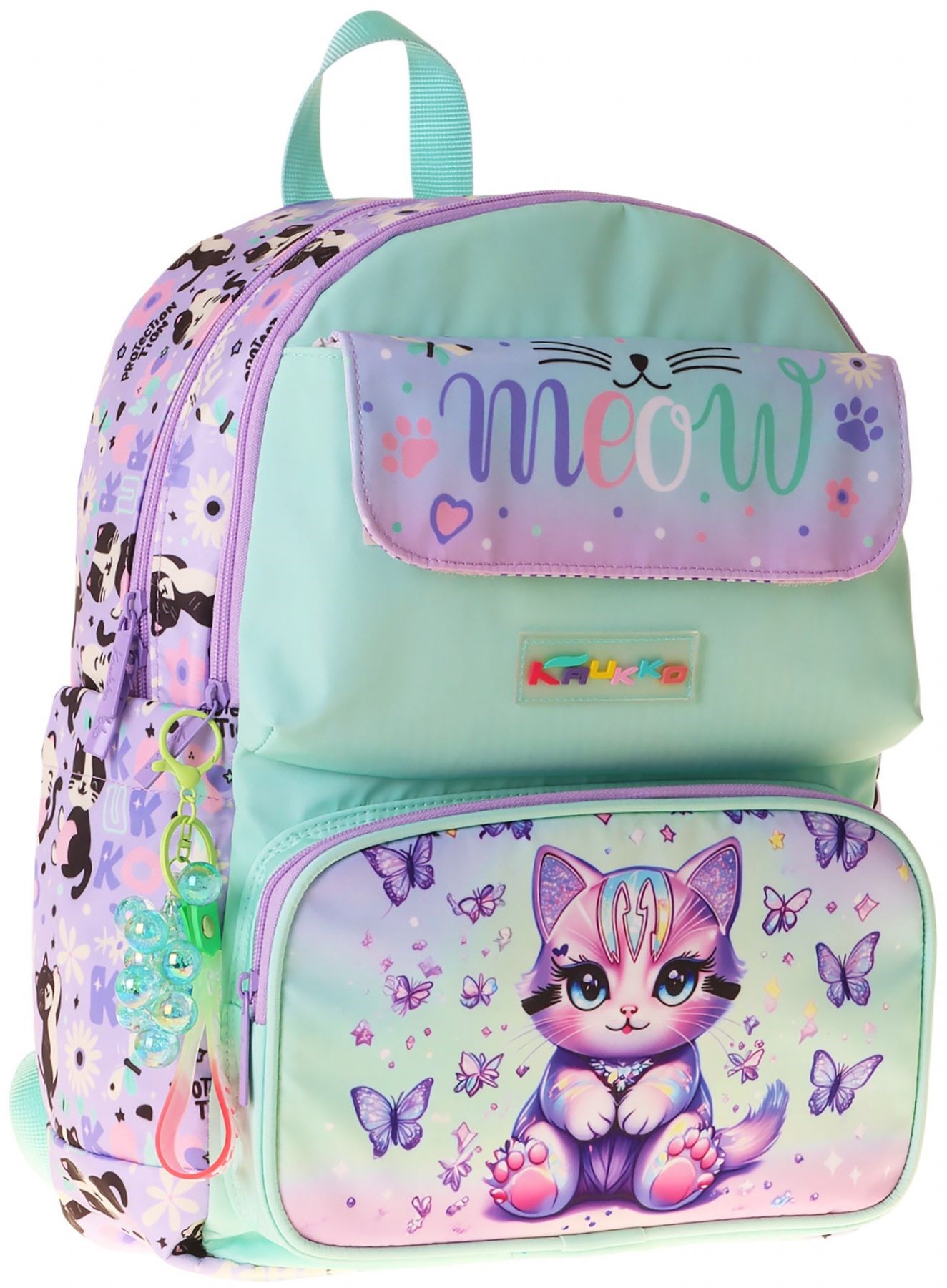 Kaukko Kids Kız Çocuk Mor Kedi Desenli Okul Çantası - Yeşil - Mor - Meow - L5288