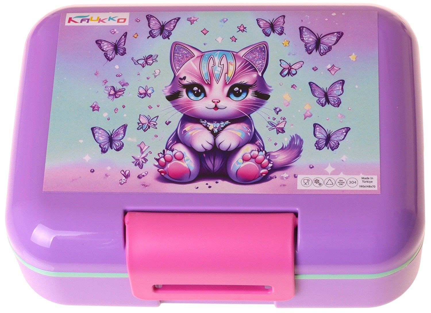 Kaukko Kids Kız Çocuk Mor Kedi Desenli Yeşil - Mor Çift Katlı Beslenme Kabı - L5292