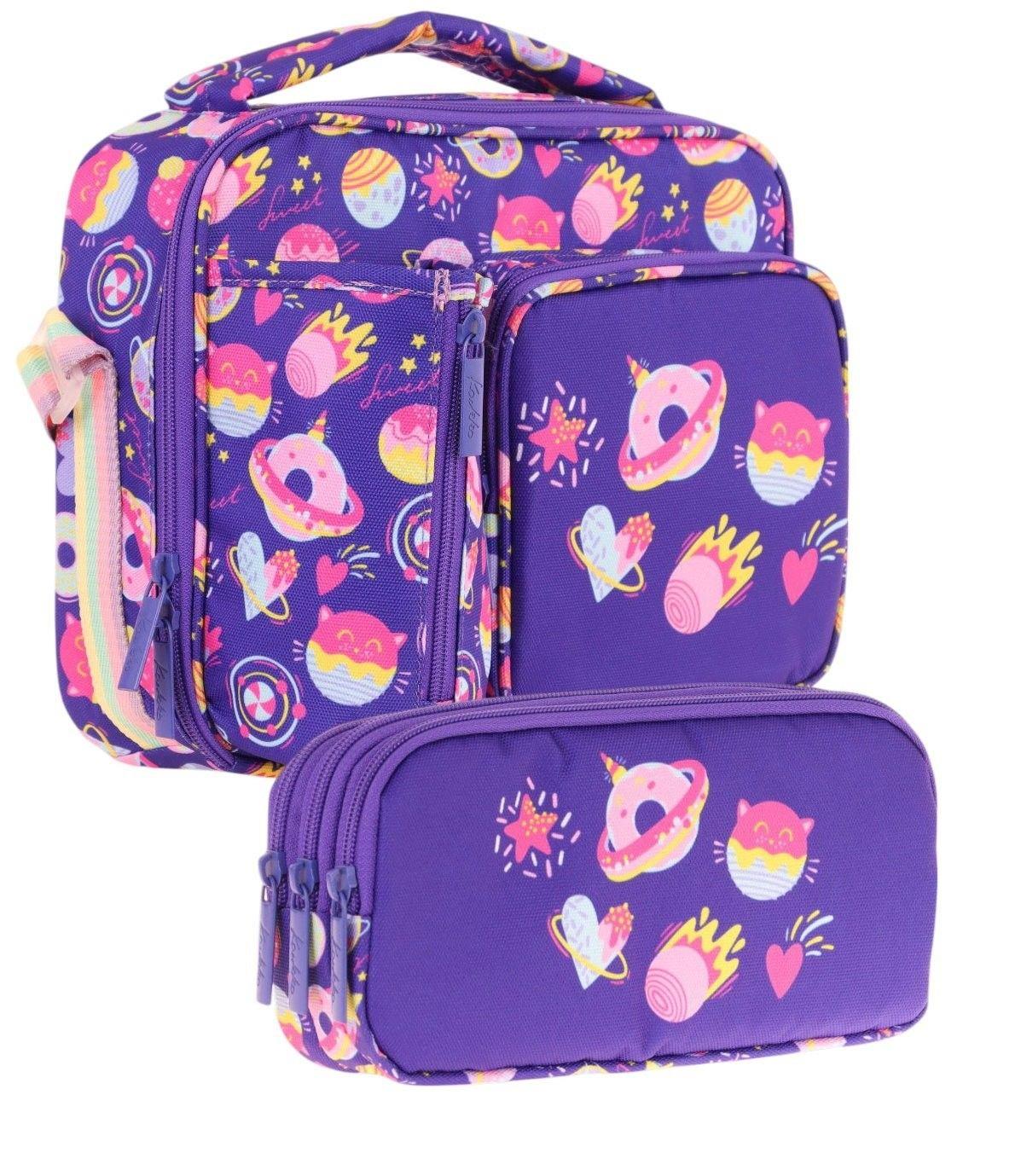 Kaukko Kids Kız Çocuk Mor Şekerlemeler Üç Bölmeli Thermo Beslenme Çantası ve Kalemlik Seti (L7216+L8216)