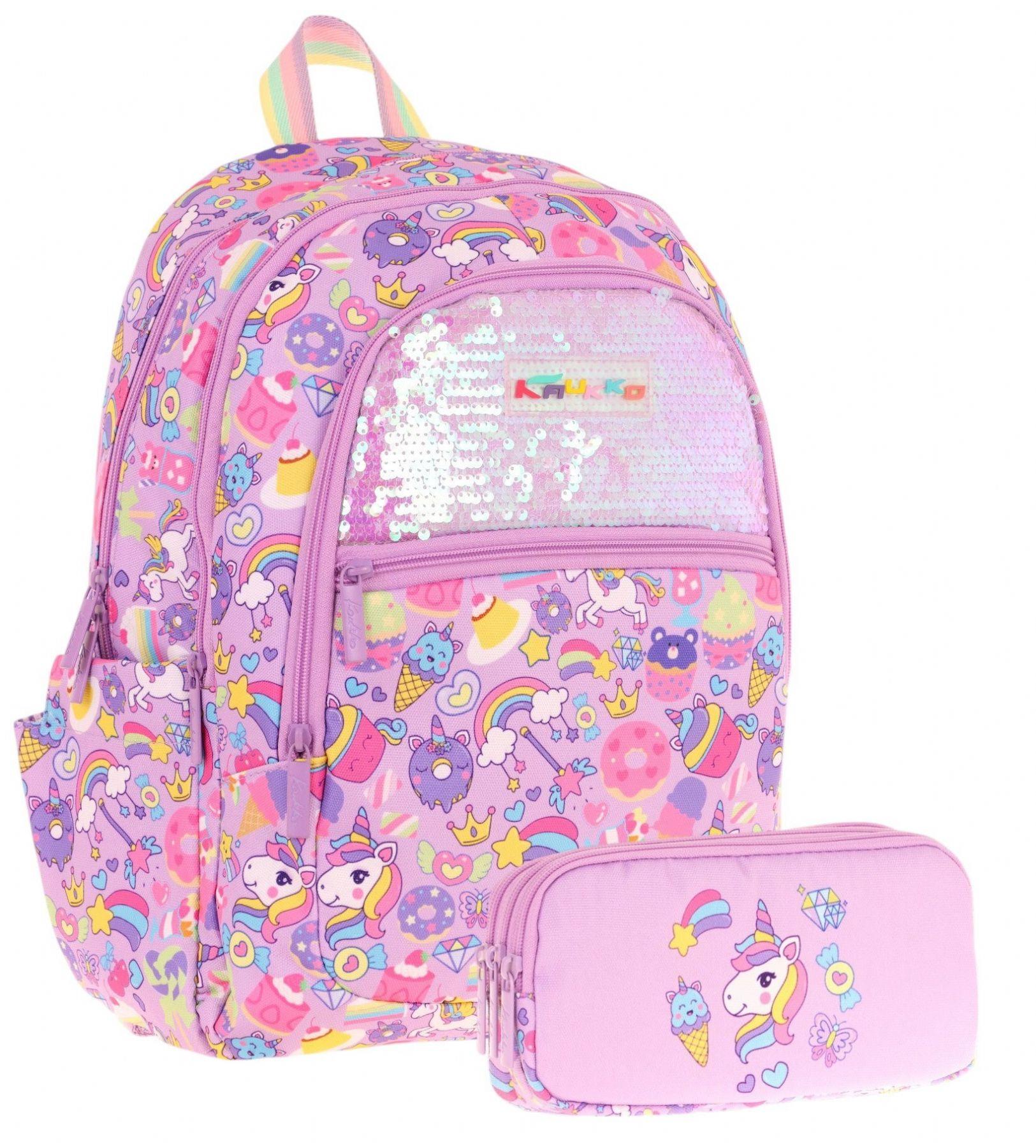 Kaukko Kids Kız Çocuk Okul Çantası ve Üç Bölmeli Kalemlik Seti (Lila - Pullu Sweet) - (L5215+L8215)