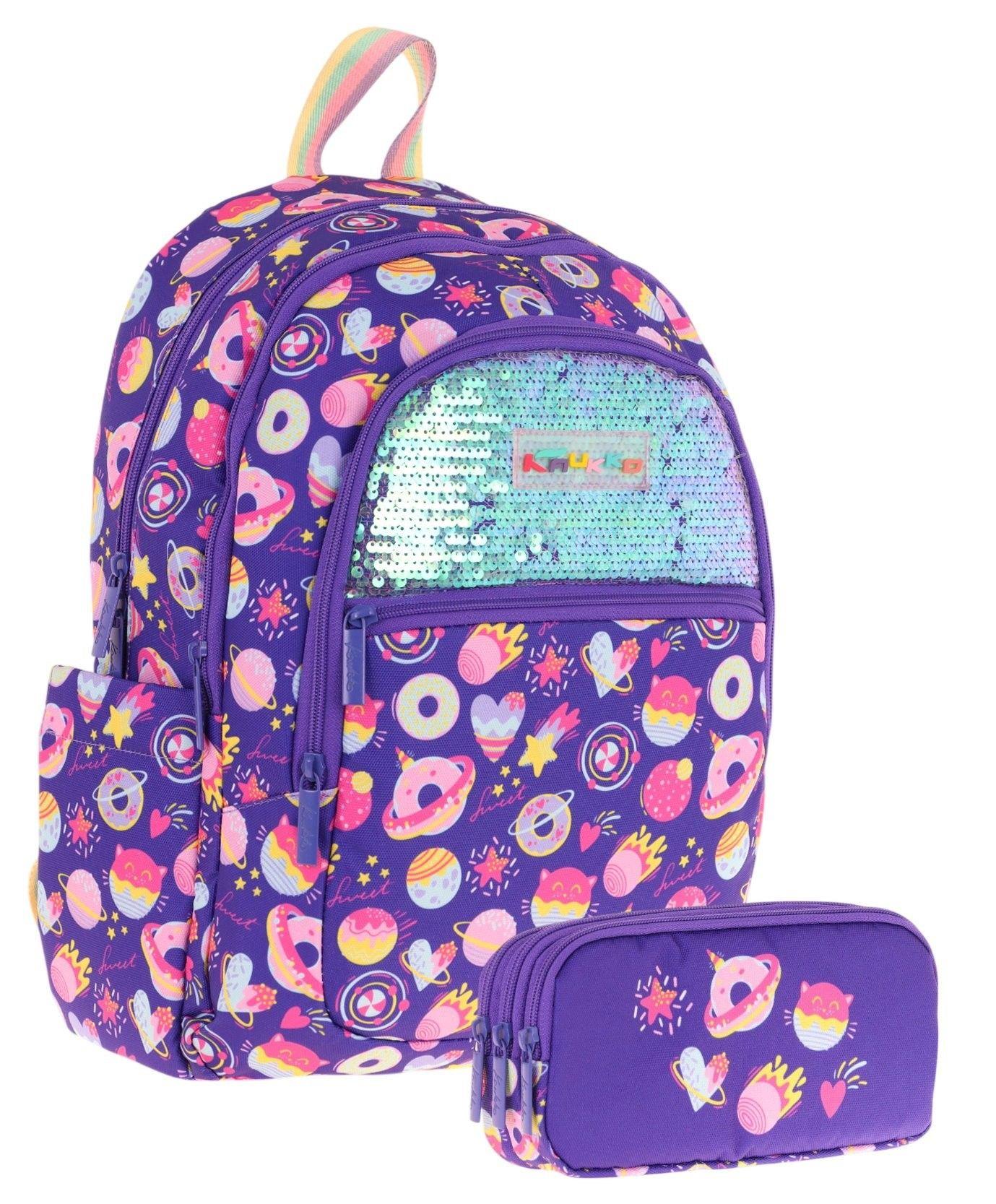 Kaukko Kids Kız Çocuk Okul Çantası ve Üç Bölmeli Kalemlik Seti (Mor - Pullu Şekerleme) - (L5216+L8216)