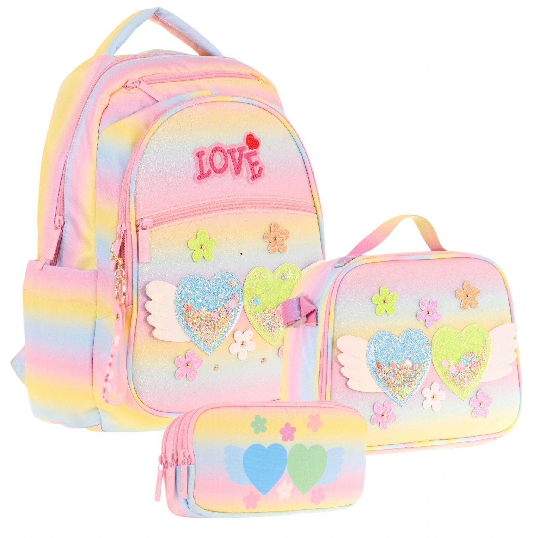 Kaukko Kids Kız Çocuk Simli Kalp ve Çiçek Detaylı İlkokul 1.2.3.4. Sınıf Üçlü Okul Çanta Seti