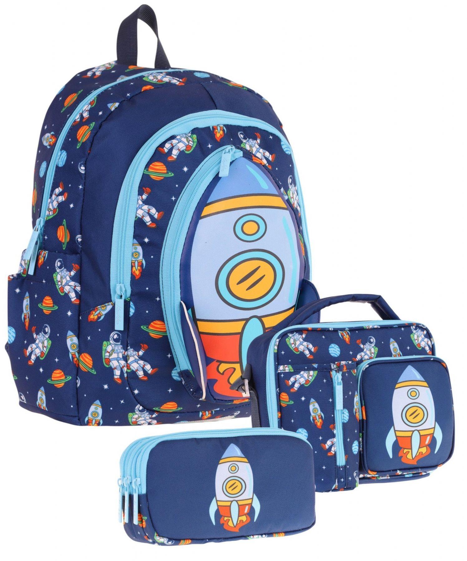 Kaukko Kids Kız Çocuklara Özel (Lacivert - Roket Detaylı) Üçlü Okul Çantası Seti