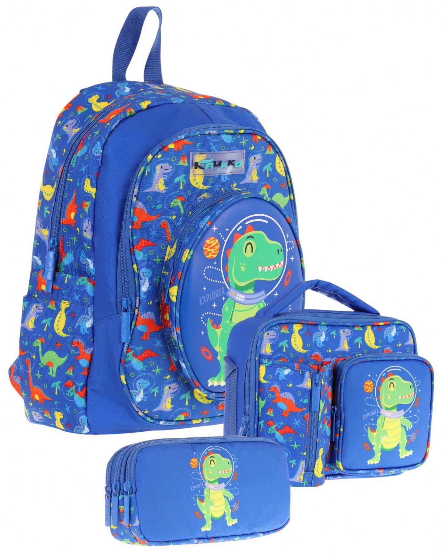 Kaukko Kids Kız Çocuklara Özel (Mavi Yeşil - 3D Dinazor Detaylı) Üçlü Okul Çantası Seti