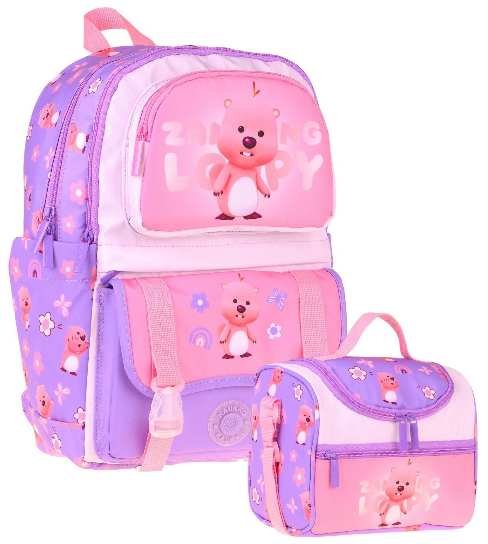 Kaukko Kids Loopy Kız Çocuk Lila - Pembe İlkokul Sırt Çantası ve Beslenme Çanta Seti - SETKK-L5303B