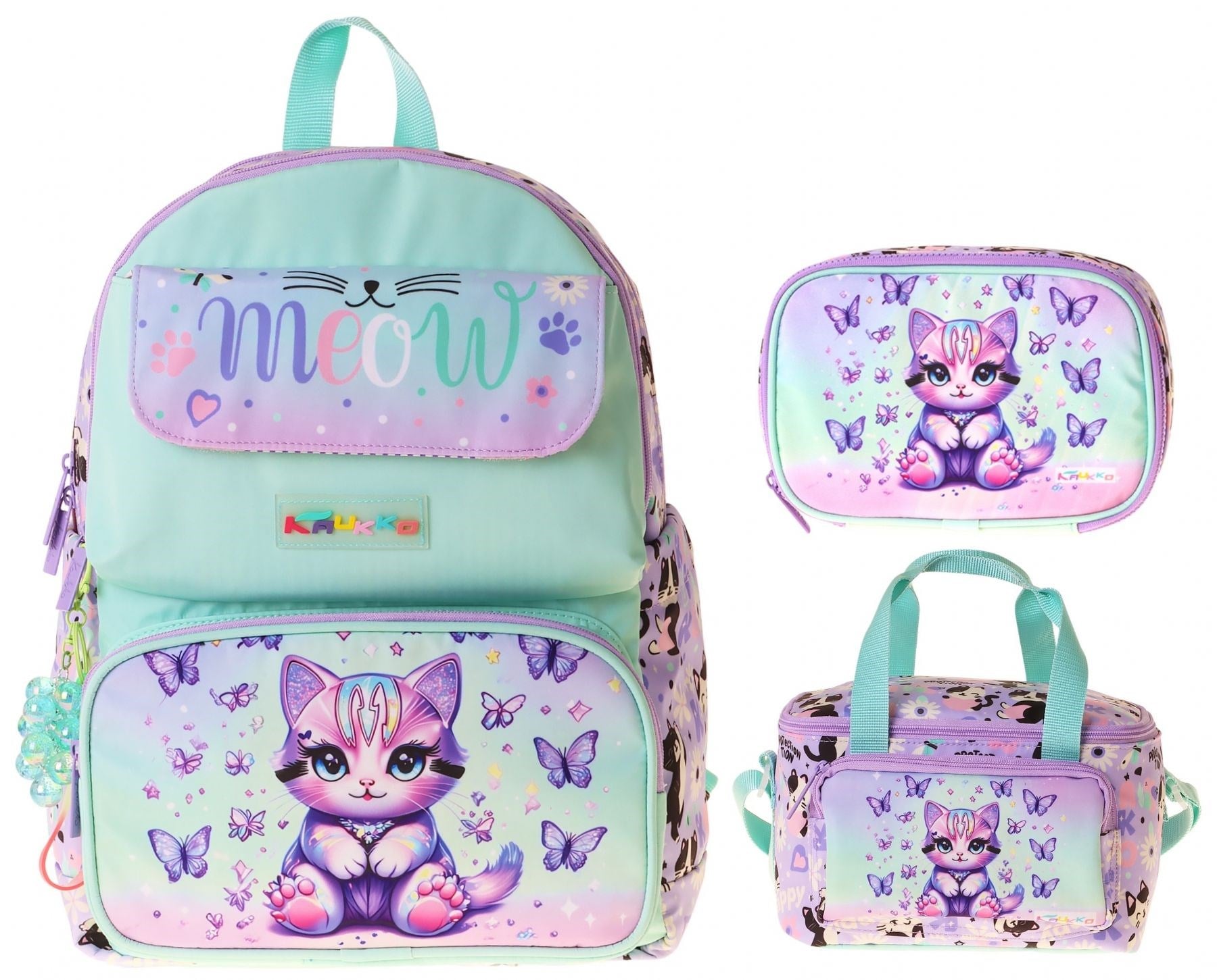 Kaukko Kids Meow(Yeşil - Mor Renk) Kız Çocuk Üçlü İlkokul Okul Çantası Seti/Takımı - SETKK-L5288D