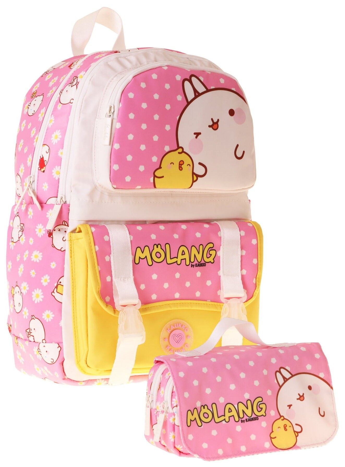 Kaukko Kids Molang Pembe - Sarı Kız Çocuk İlkokul Sırt Çantası ve Kalem Çantası Seti - SETKK-L5318C