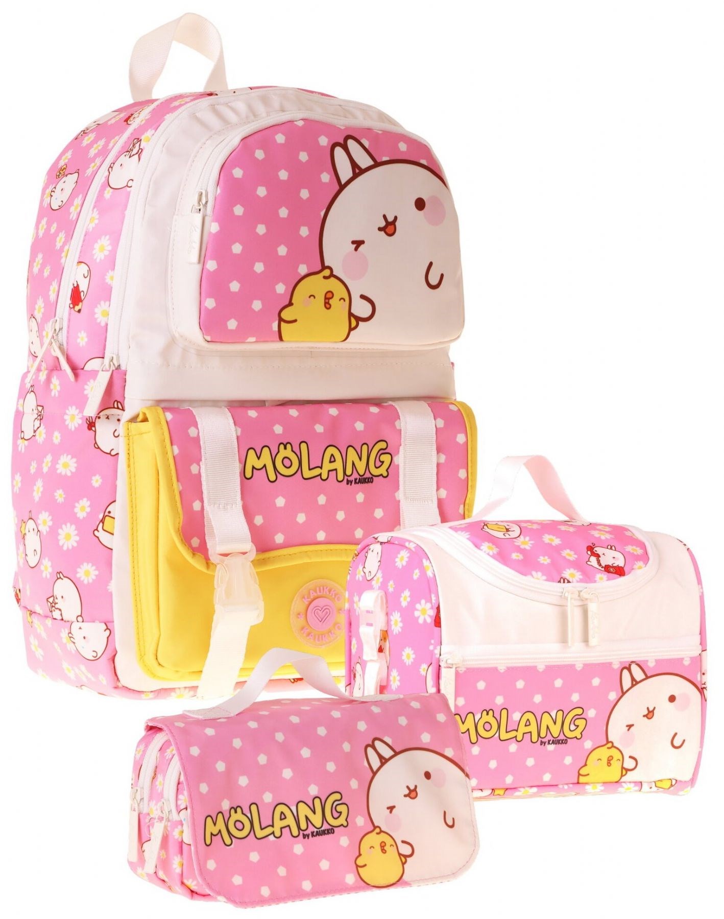 Kaukko Kids Molang(Pembe - Sarı Renk) Kız Çocuk Üçlü İlkokul Okul Çantası Seti/Takımı - SETKK-L5318A