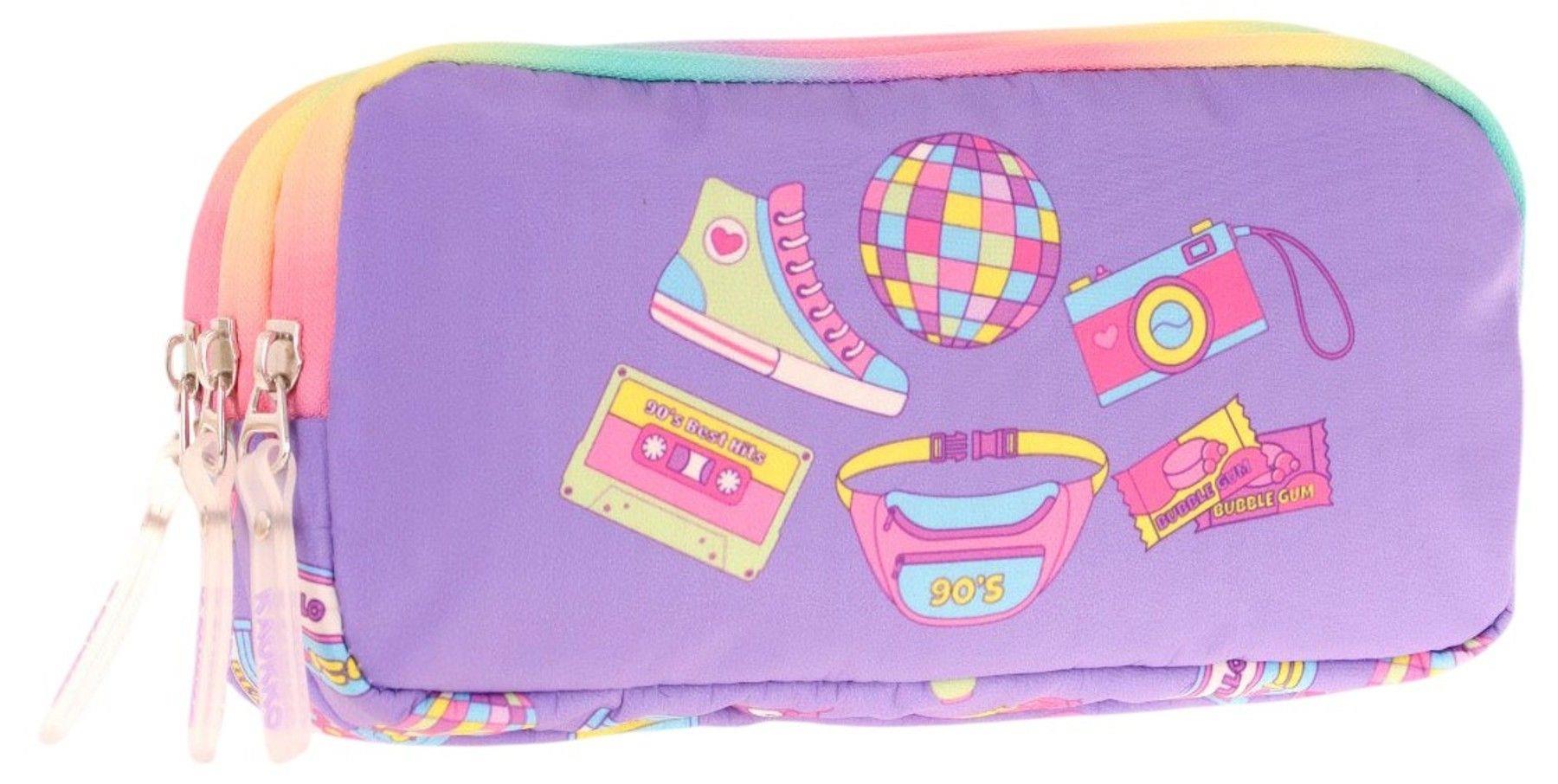 Kaukko Kids Mor Çok Renkli, Hobi Baskılı, Kız Çocuk Üç Gözlü Okul Kalem Çantası - L8238
