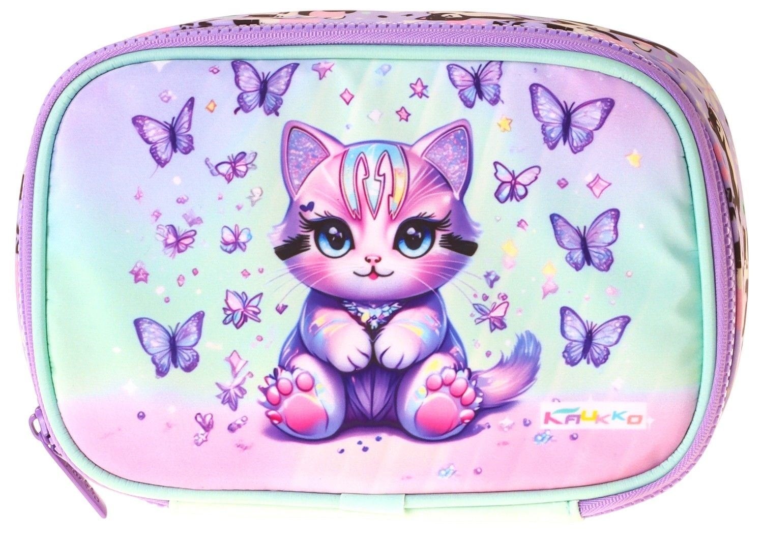 Kaukko Kids Mor Kedi Desenli Yeşil - Mor Kız Çocuk Organizer Kalem Çantası - Kalemlik - L5294