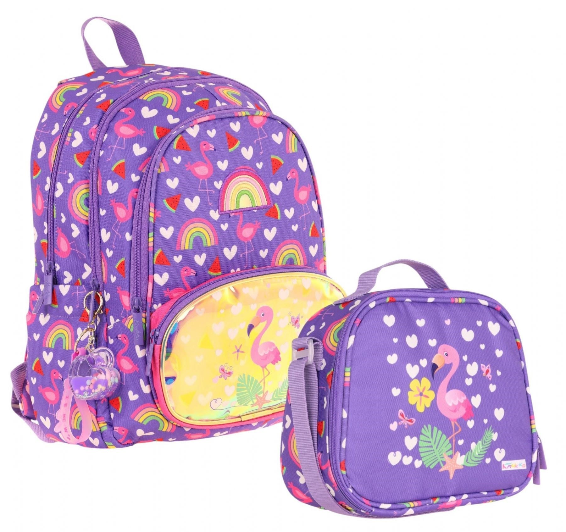 Kaukko Kids Mor Pembe Flamingo Desenli Kız Çocuk Sırt Çantası ve Beslenme Çantası Seti - STKK-L5226B