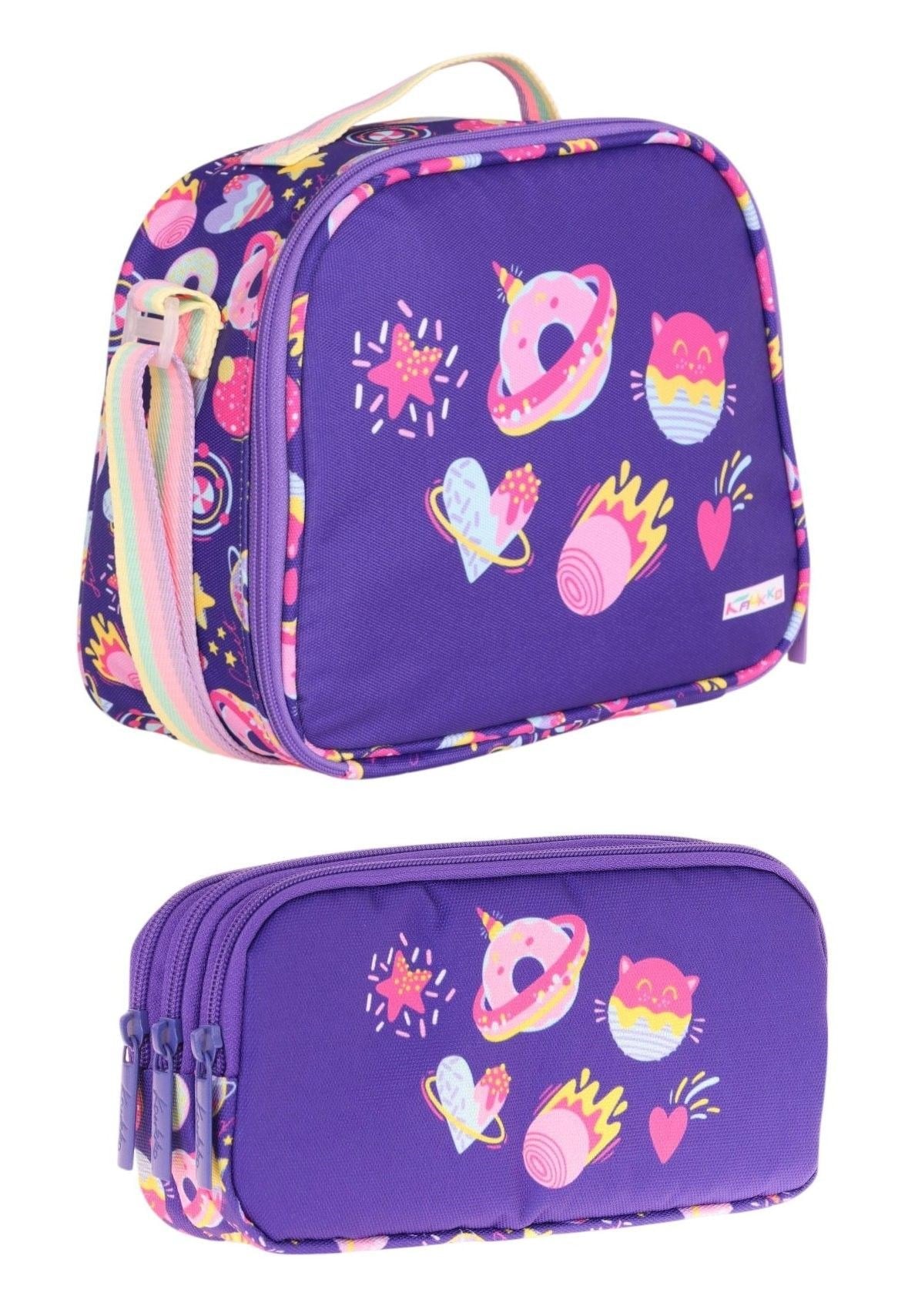 Kaukko Kids Mor Pembe Kalp Desenli Kız Çocuk Beslenme Çantası+Kalemlik Okul Seti - STKK-L7216-1