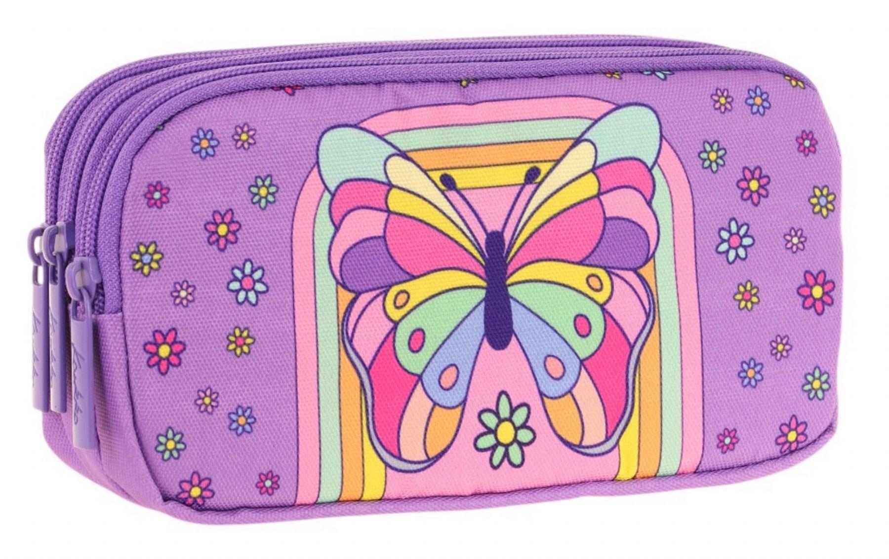 Kaukko Kids Mor Pembe, Kelebek, Kız Çocuk Üç Gözlü Okul Kalem Çantası - L8248