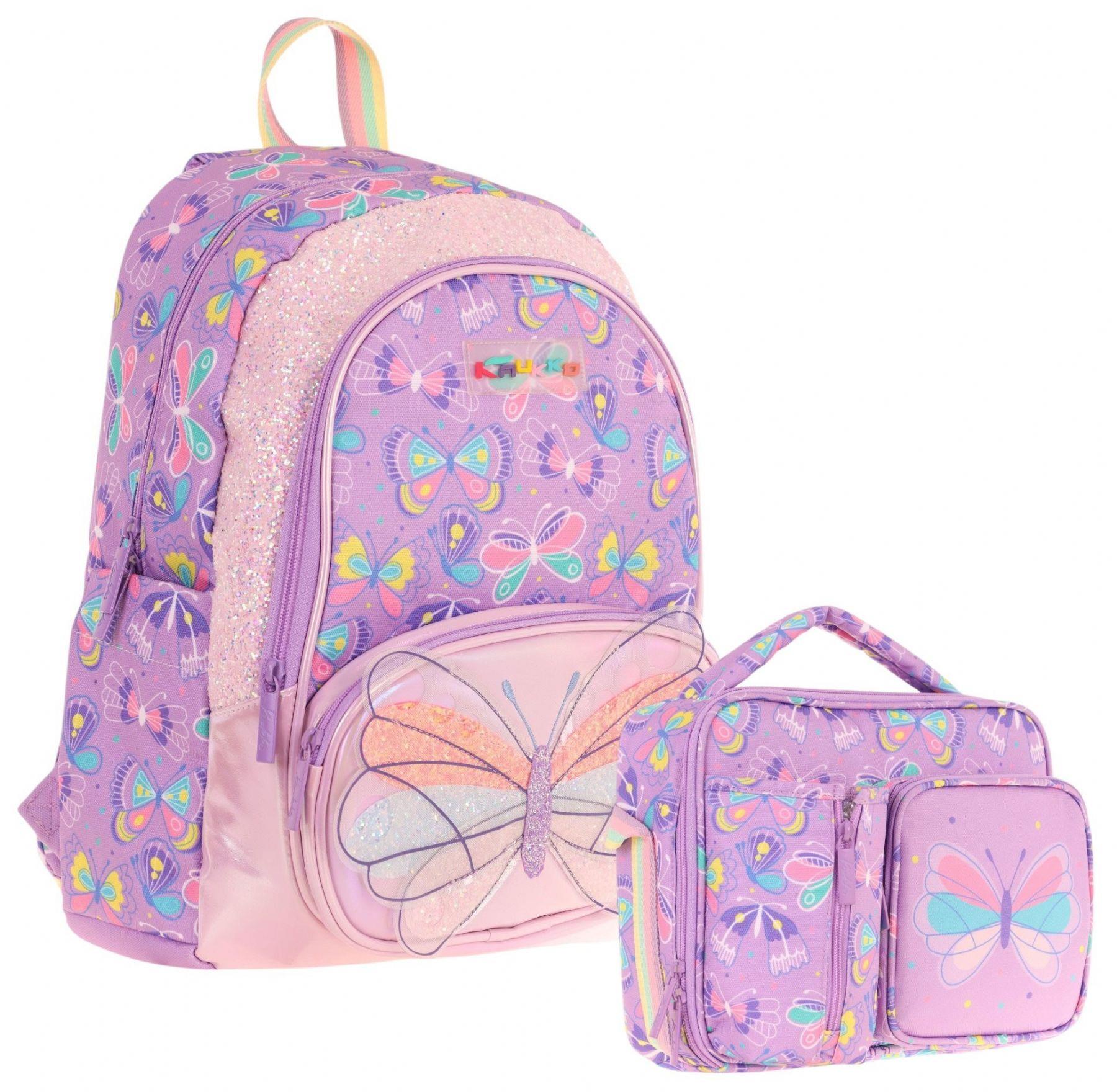 Kaukko Kids Nakışlı Kelebek Desenli Okul Çantası (L5222) ve Thermo Beslenme Çantası (L7222) Seti - Kız Çocuk