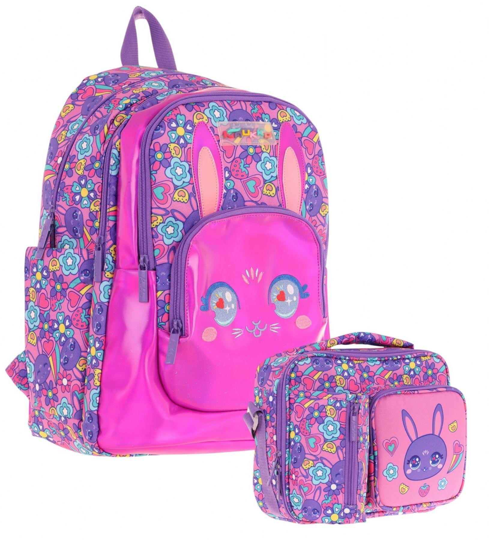 Kaukko Kids Okul ve Beslenme Çantası Seti (Kız Çocuk) - Tavşan Şekilli Mor Pembe - (L5220+L7220)