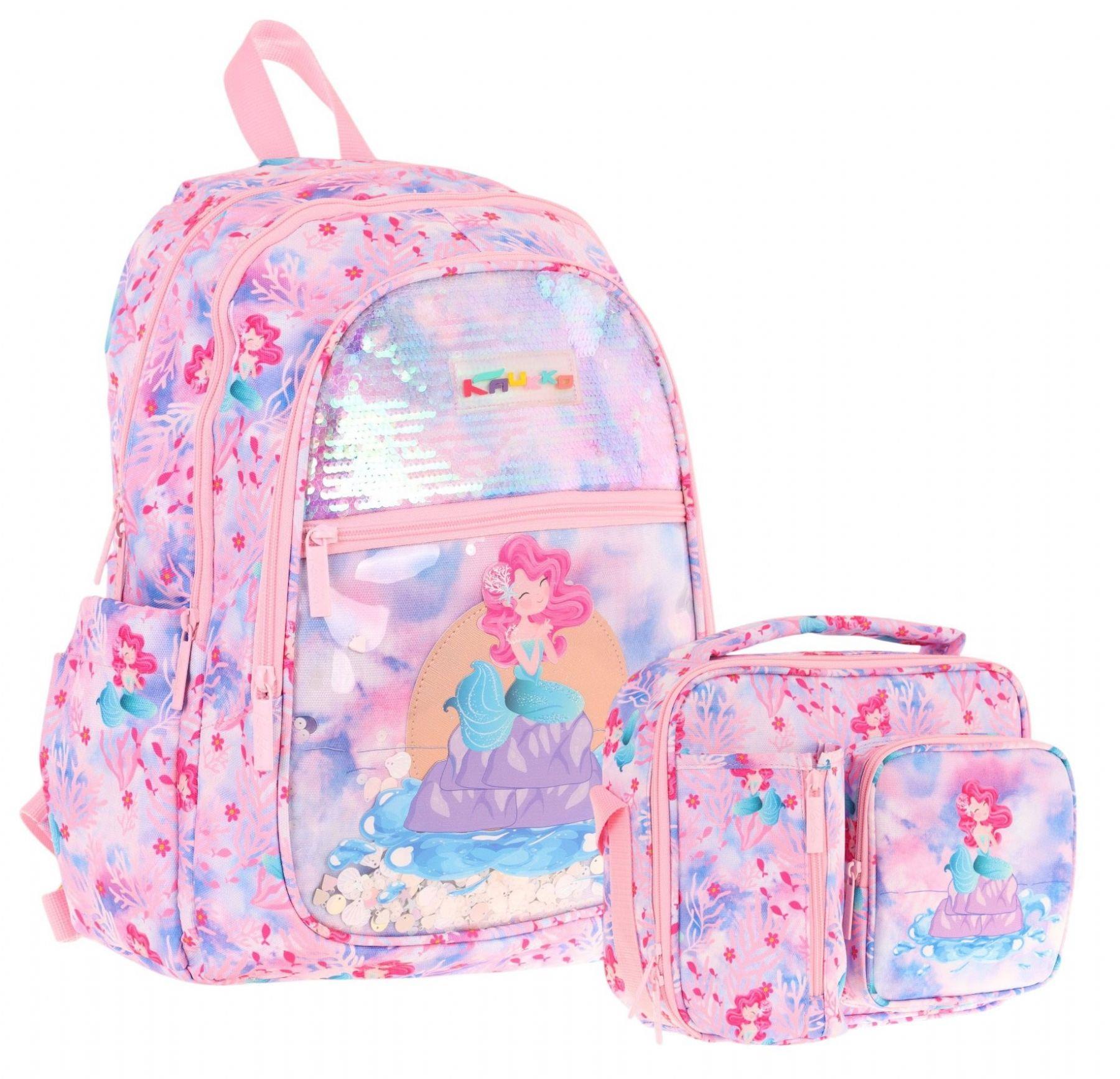 Kaukko Kids Pullu Denizkızı Desenli, Kız Çocuk Pembe Mavi Okul Çantası + Beslenme Çantası Seti (L5217+L7217)