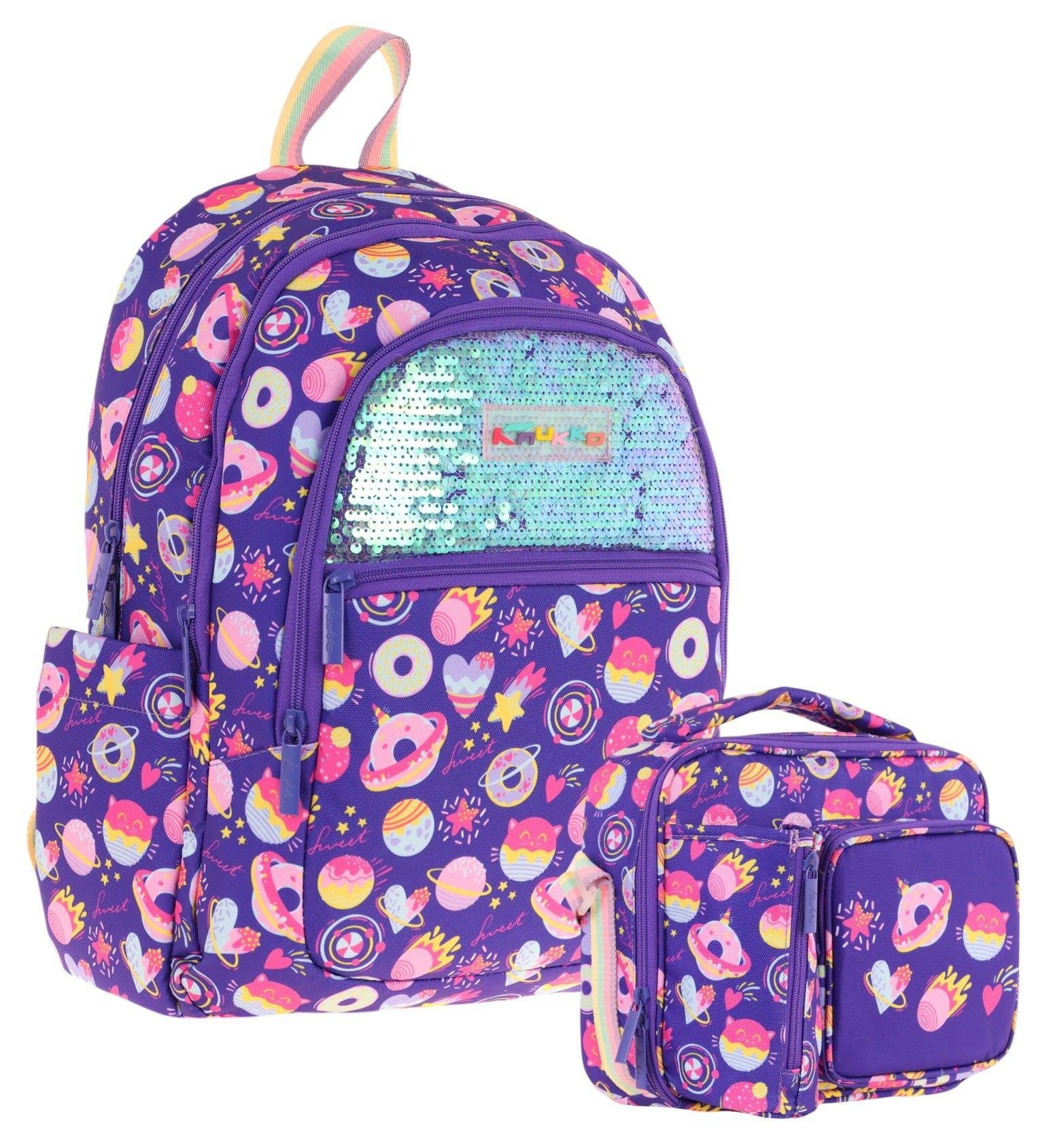 Kaukko Kids Pullu Şekerleme Desenli, Kız Çocuk Mor Okul Çantası + Beslenme Çantası Seti (L5216+L7216)