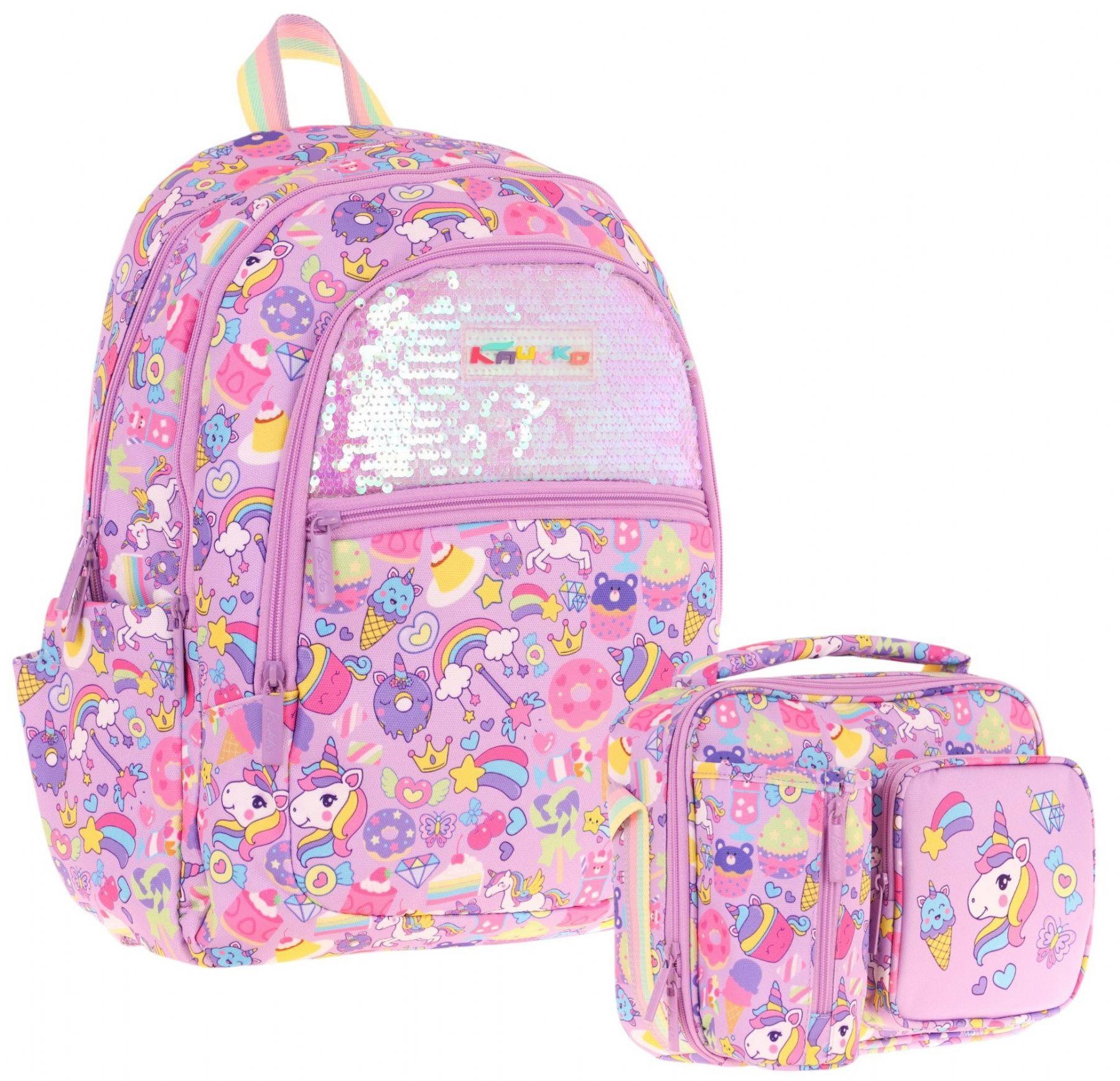 Kaukko Kids Pullu Sweet Desenli, Kız Çocuk Lila Okul Çantası + Beslenme Çantası Seti (L5215+L7215)