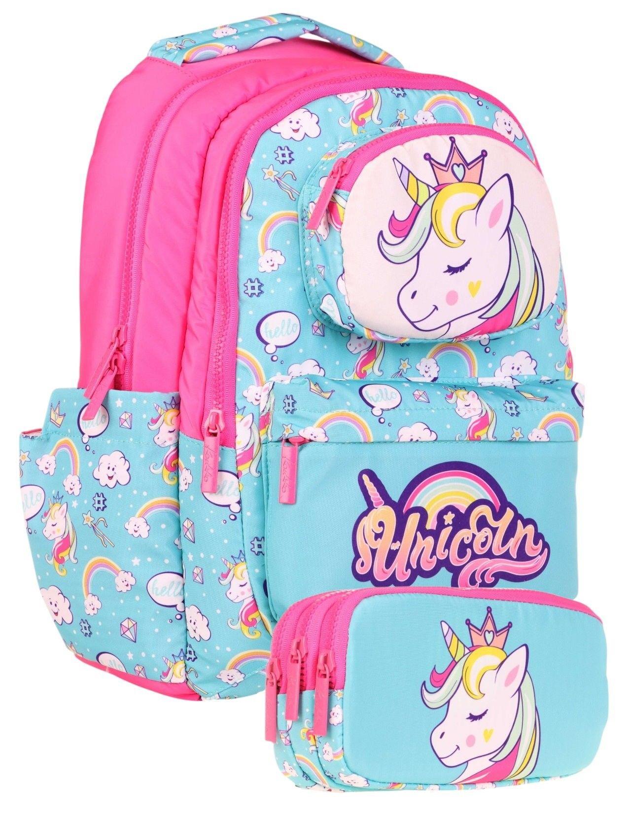 Kaukko Kids Toys Kız Çocuk Turkuaz Pembe 3D Unicorn Şekilli İlkokul Çantası ve Kalemlik Seti (L5155+L8155)
