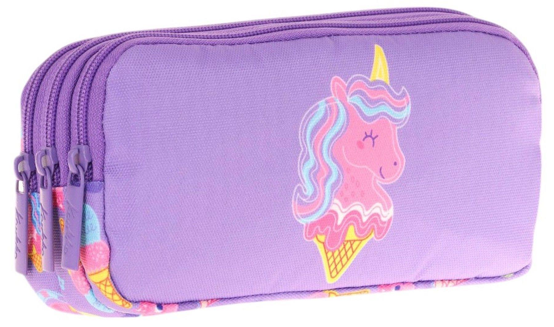 Kaukko Kids Üç Bölmeli Lila Pembe, Unicorn Desenli, Kız Çocuk Okul Kalemliği - L8224
