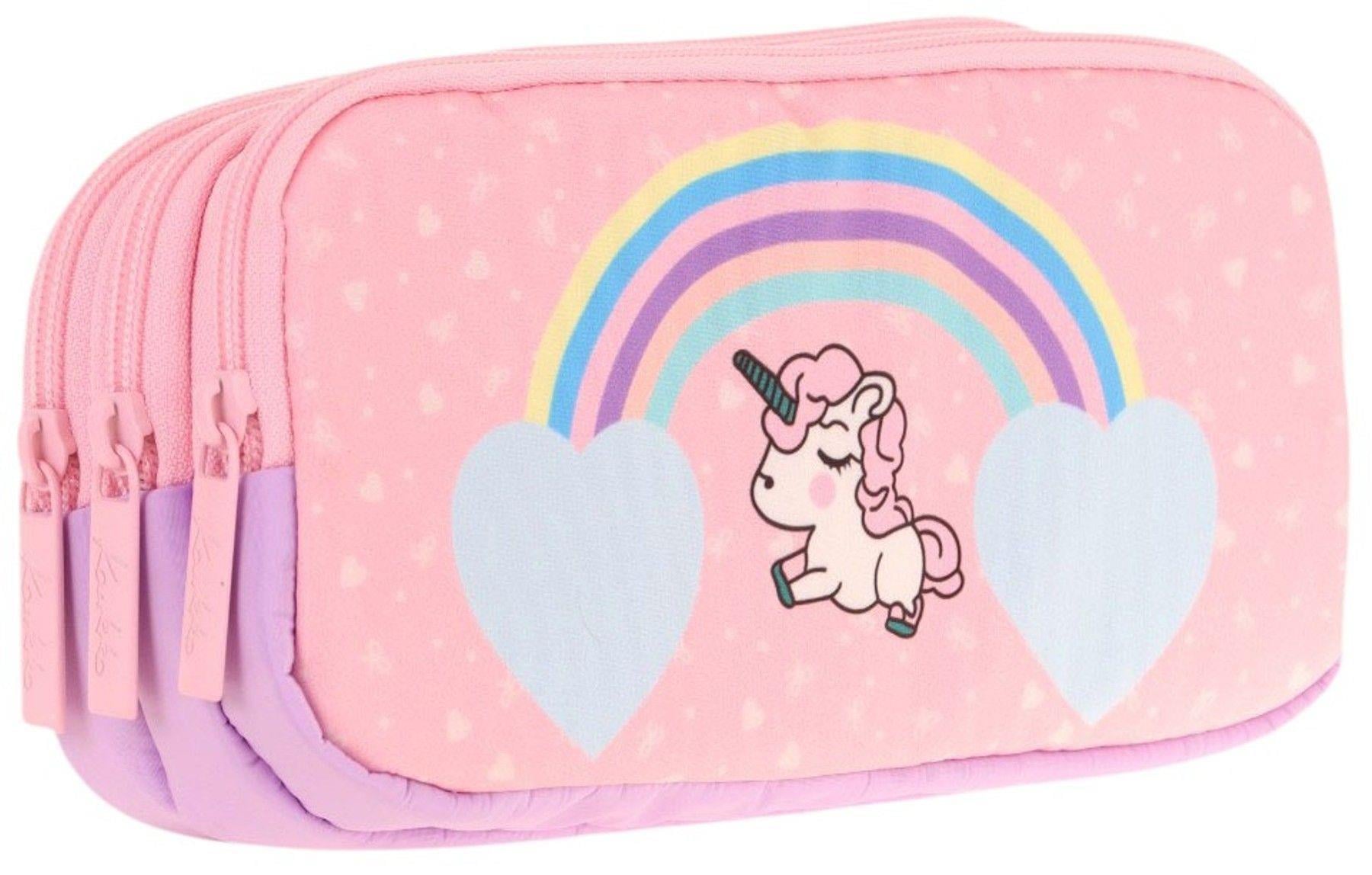 Kaukko Kids Üç Bölmeli Mor Pembe, Unicorn Temalı, Kız Çocuk Okul Kalem Çantası - L8212