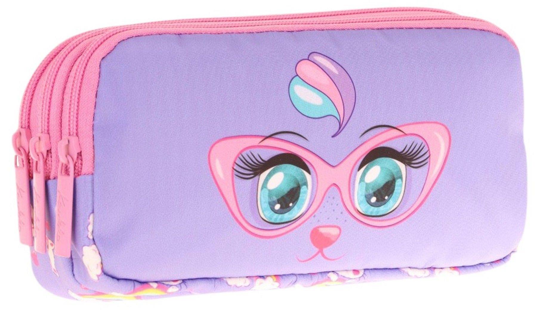 Kaukko Kids Üç Bölmeli Pembe Lila, Gözlüklü Kedi Baskılı, Kız Çocuk Okul Kalemliği - L8236