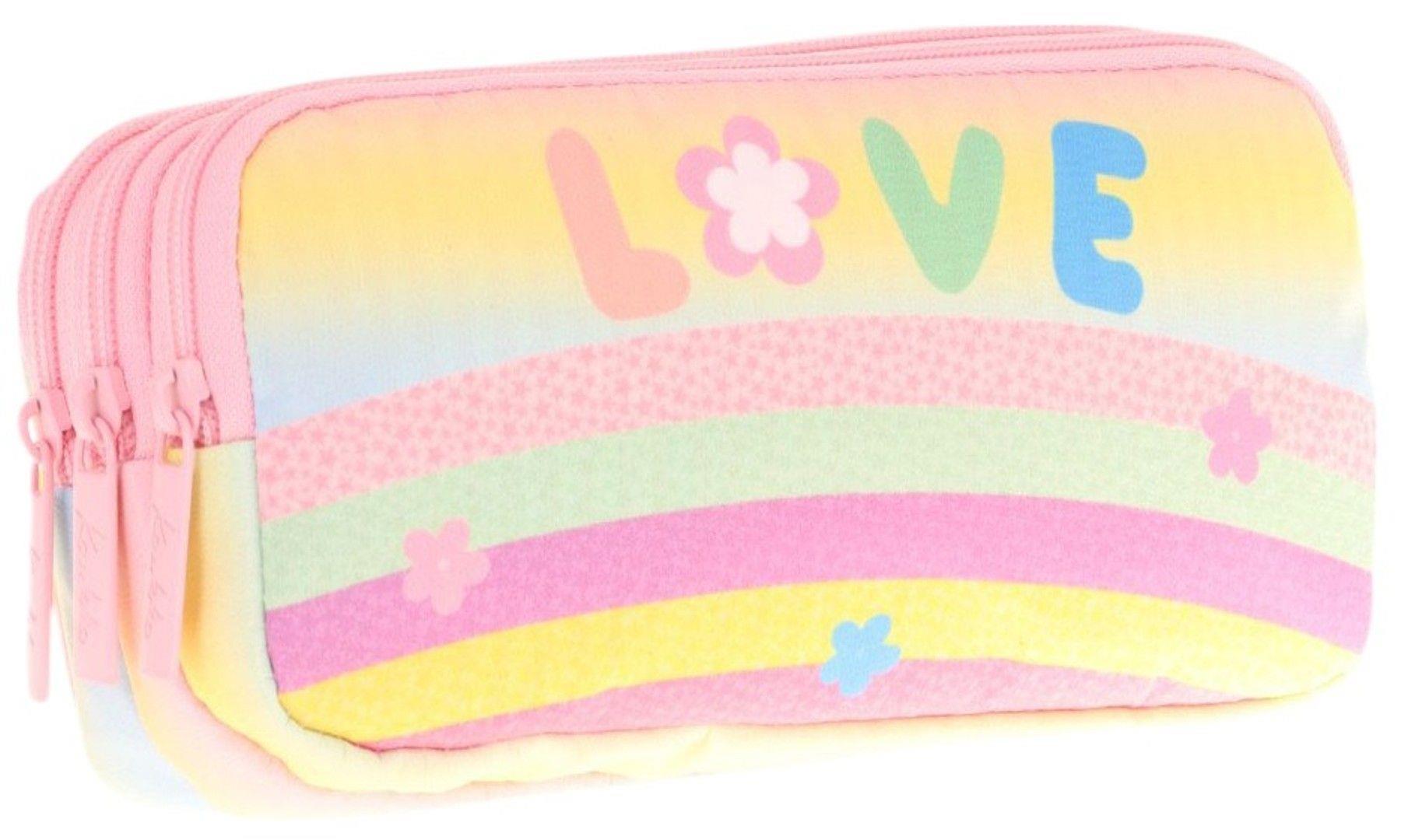 Kaukko Kids Üç Bölmeli Sarı Çok Renkli, Simli Pullu Love, Kız Çocuk Okul Kalem Çantası - L8214