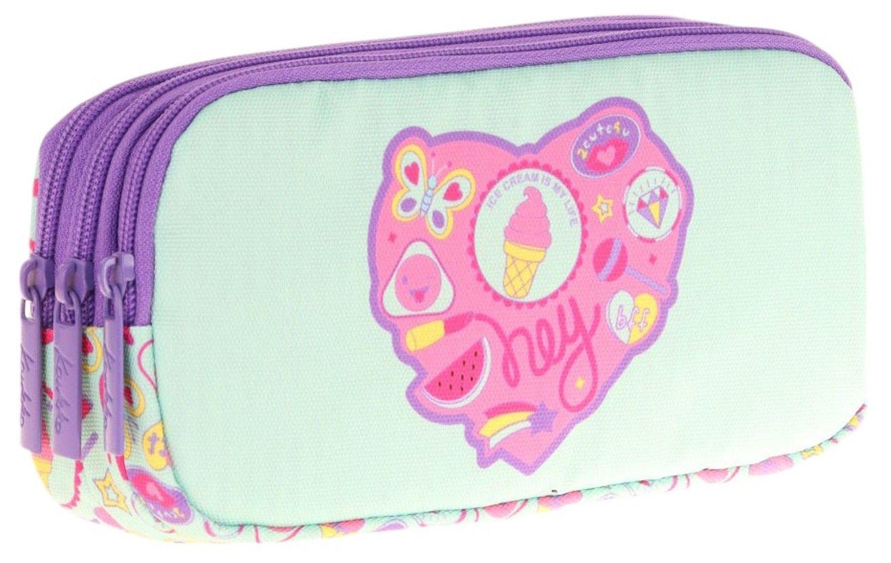 Kaukko Kids Üç Bölmeli Turkuaz Mor, Şekerleme Baskılı, Kız Çocuk Okul Kalemliği - L8230