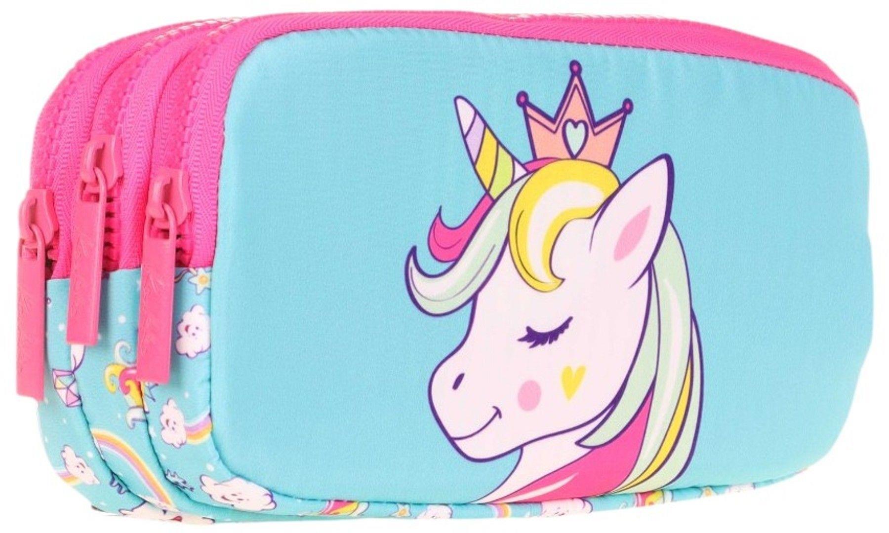 Kaukko Kids Üç Bölmeli Turkuaz Pembe, Unicorn Temalı, Kız Çocuk Okul Kalem Çantası - L8155