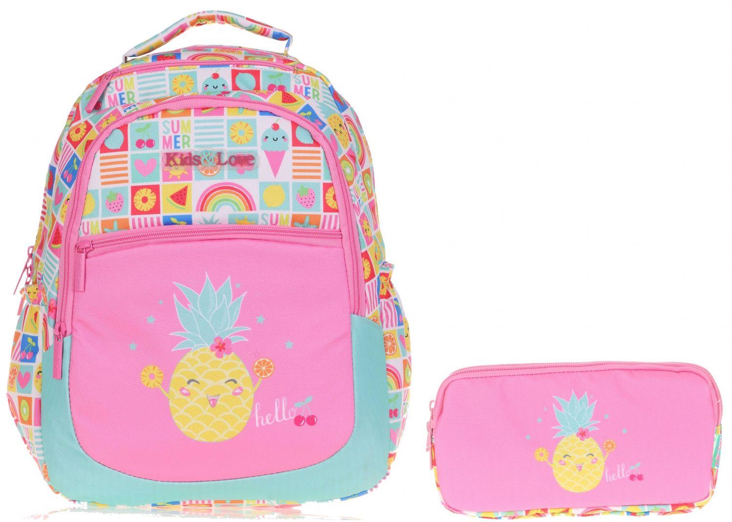 Kaukko Kids&Love Pembe Ananas İlkokul Çanta ve Kalemlik Seti - Kız Çocuk