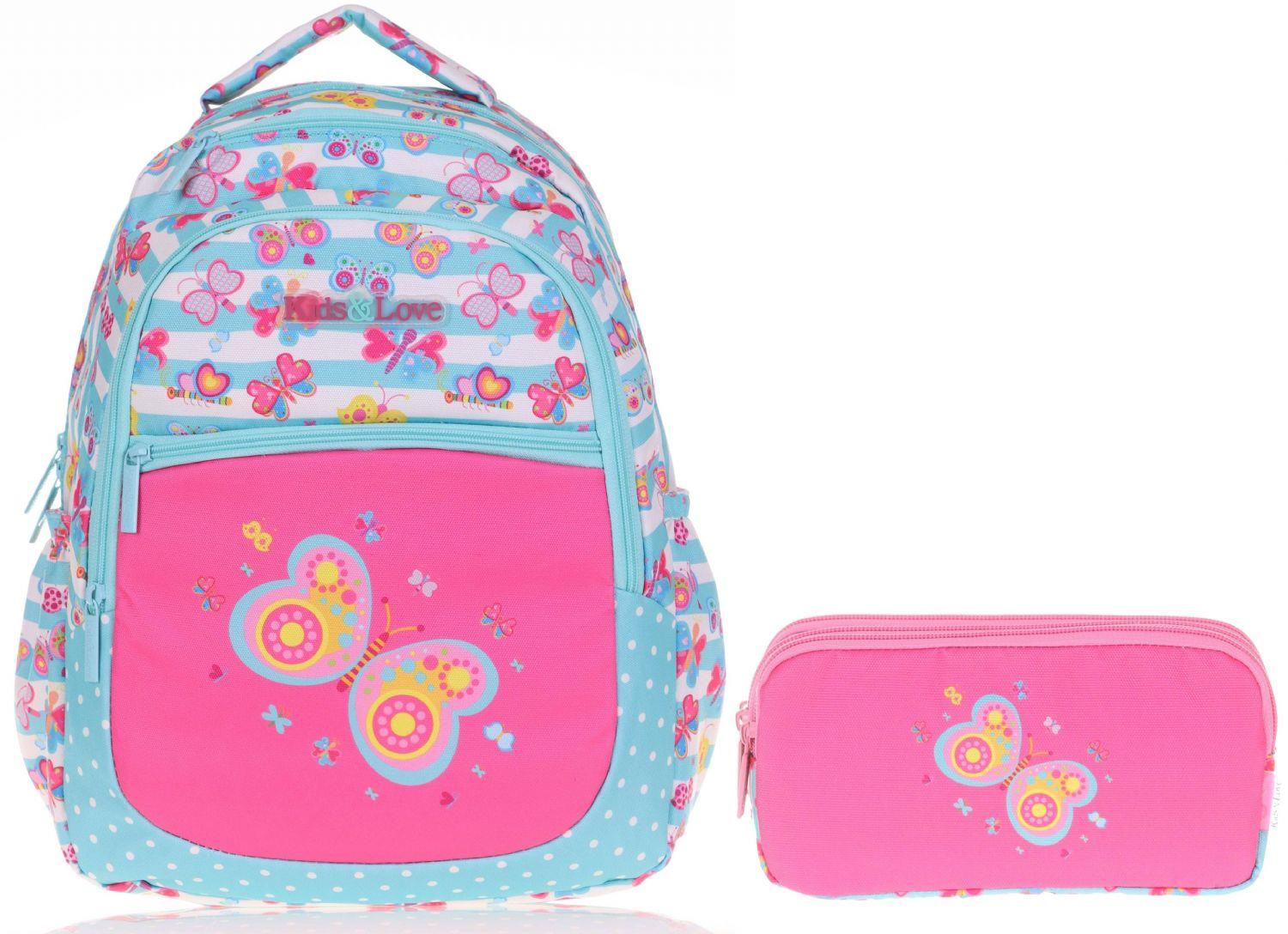 Kaukko Kids&Love Pembe-Turkuaz Kelebek İlkokul Çanta ve Kalemlik Seti - Kız Çocuk