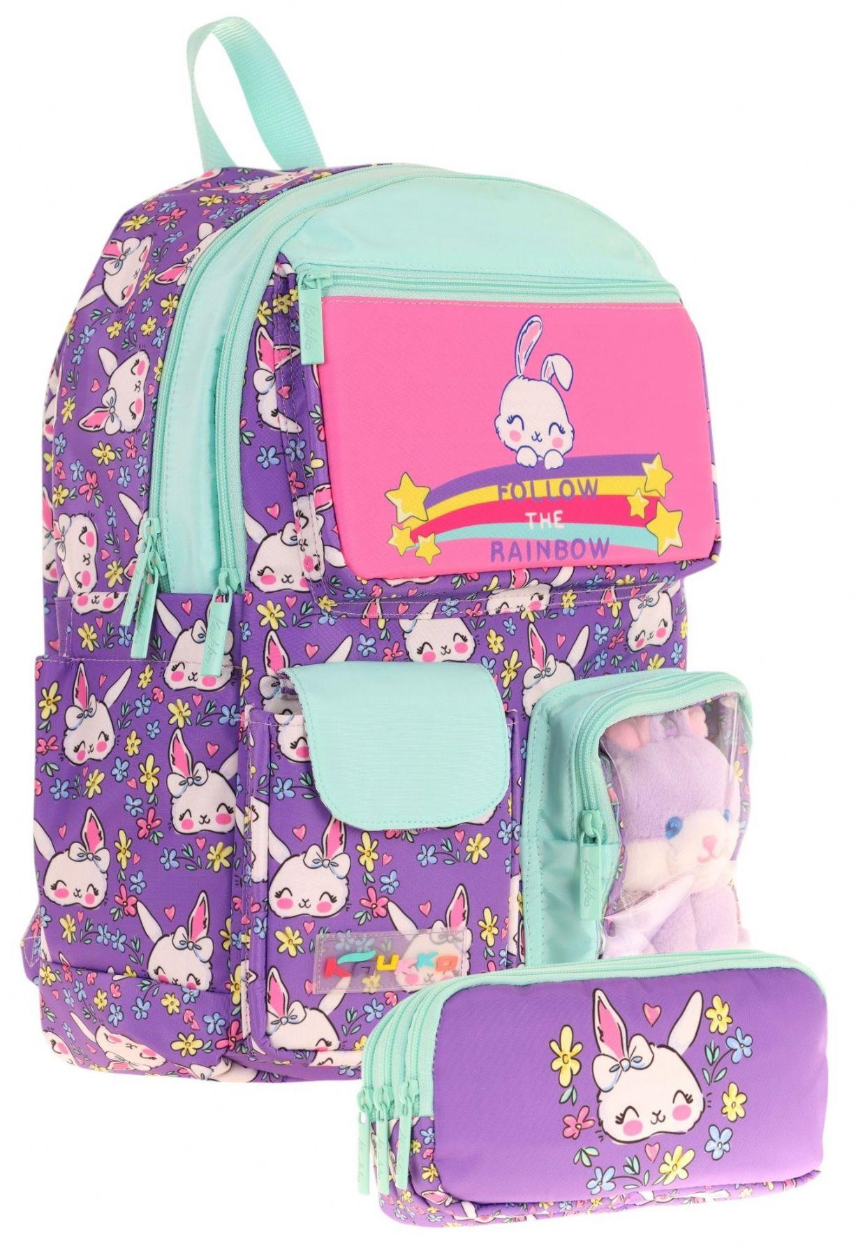 Kaukko Kız Çocuk Beş Bölmeli Okul Çantası ve Üç Bölmeli Kalemlik Seti - Peluş Tavşanlı - Mor Yeşil