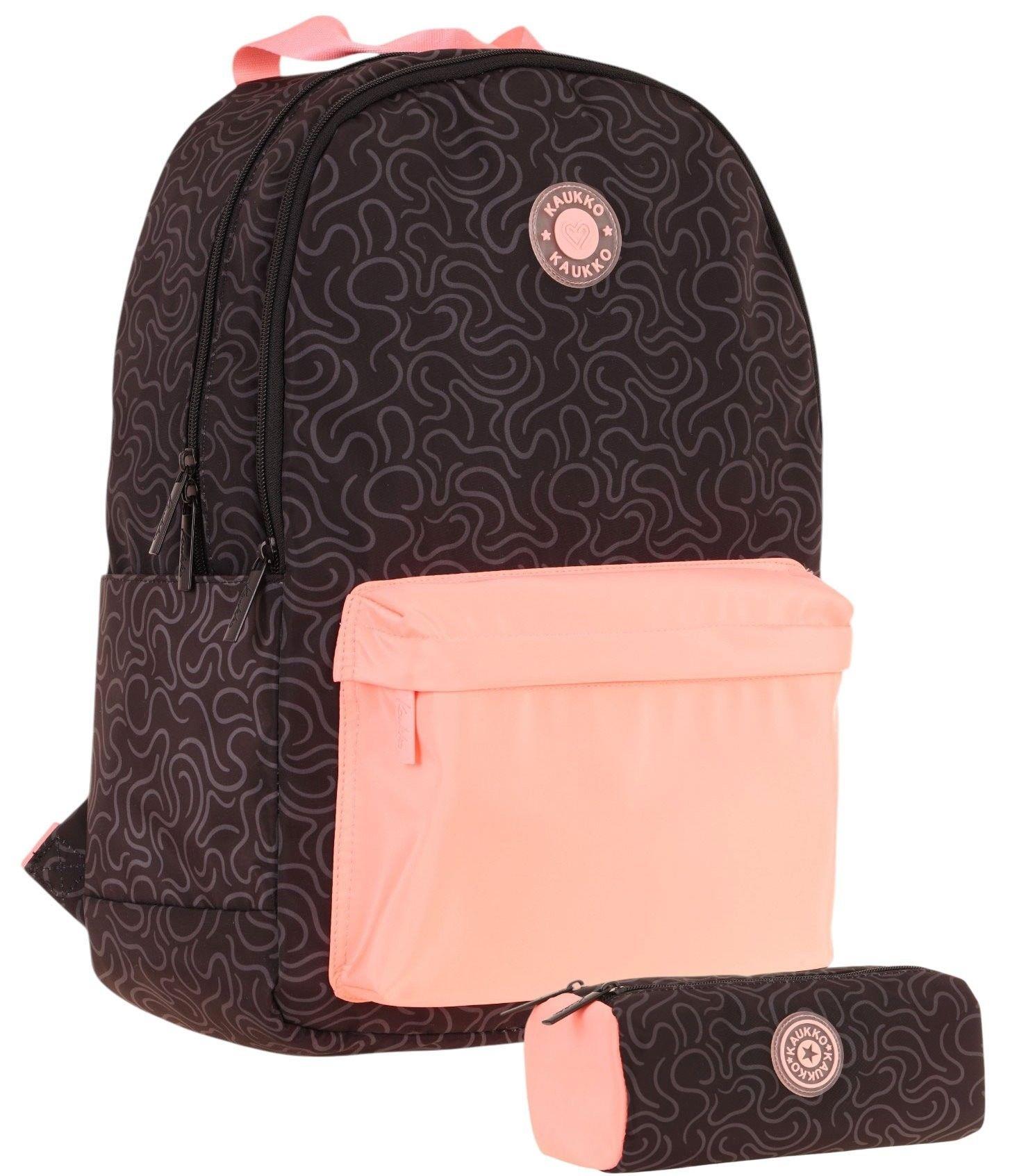 Kaukko Kız Çocuk Çizgi Desenli Üç Gözlü İlkokul Çantası ve Kalemlik Seti - Siyah Somon