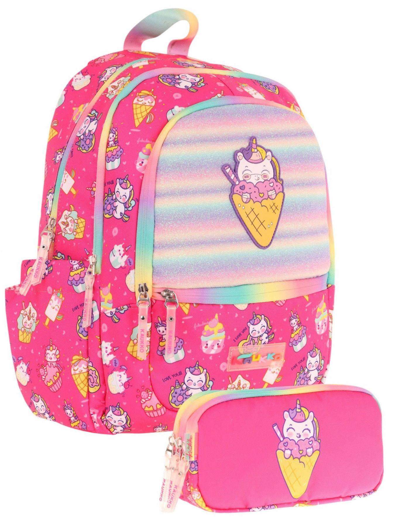 Kaukko Kız Çocuk Dört Gözlü Okul Çantası ve Üç Gözlü Kalem Çantası Seti - Pembe - Dondurma (L5227+L8227)