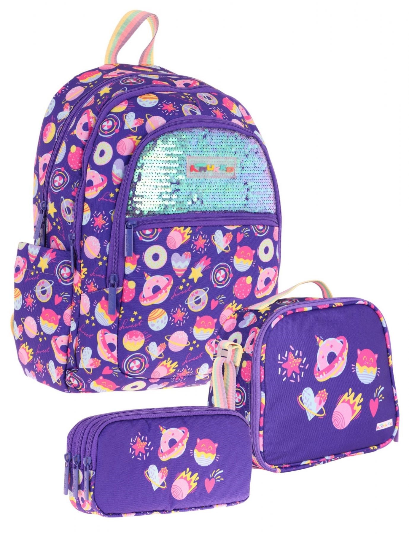Kaukko Kız Çocuk Mor Desenli Üçlü İlkokul Üçlü Okul Çanta Seti - STKK-L5216A
