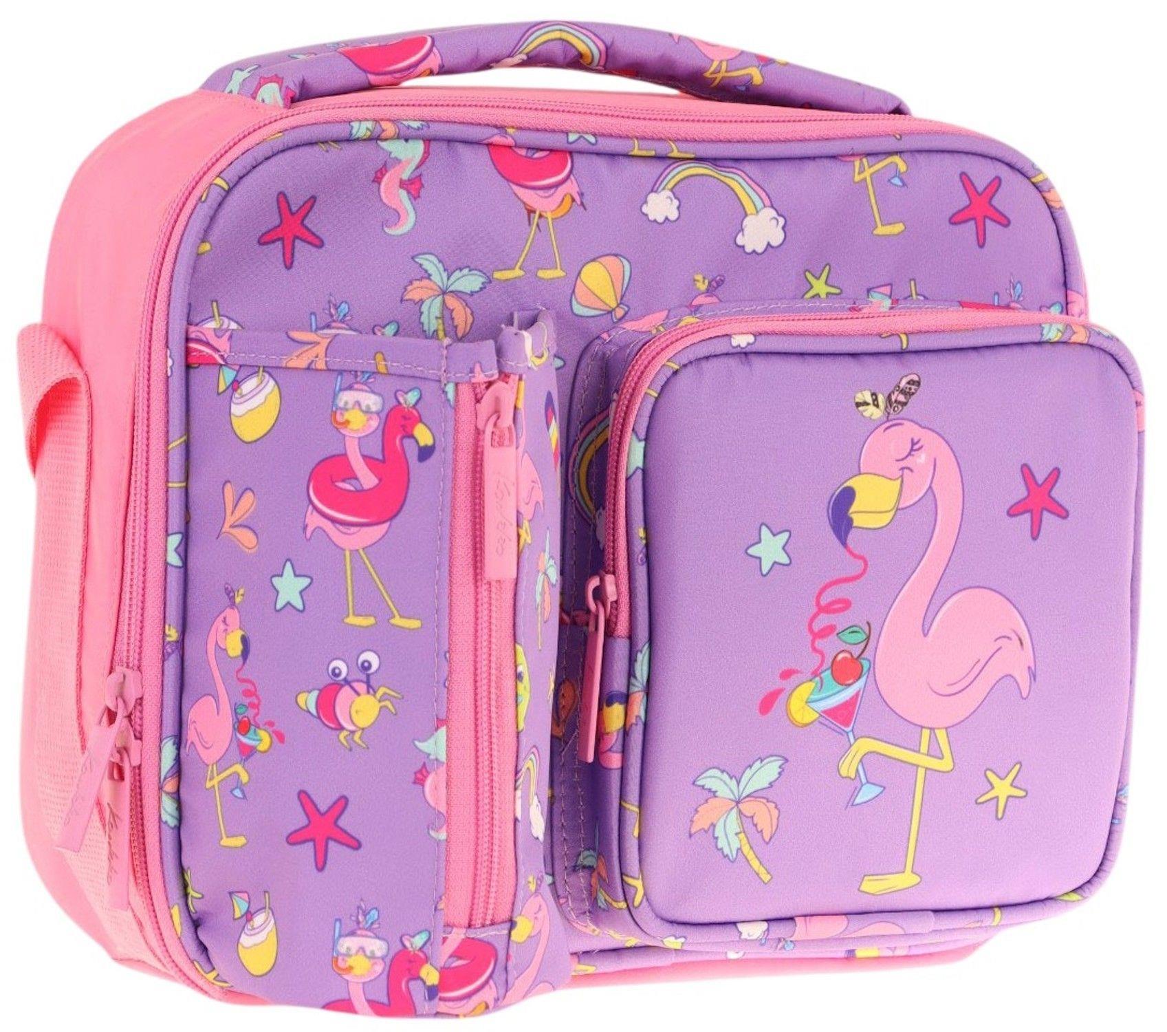 Kaukko Kız Çocuk, Mor Pembe, Flamingo Baskılı Isı Yalıtımlı Üç Bölmeli (Matara Cepli) Okul Beslenme Çantası L7240