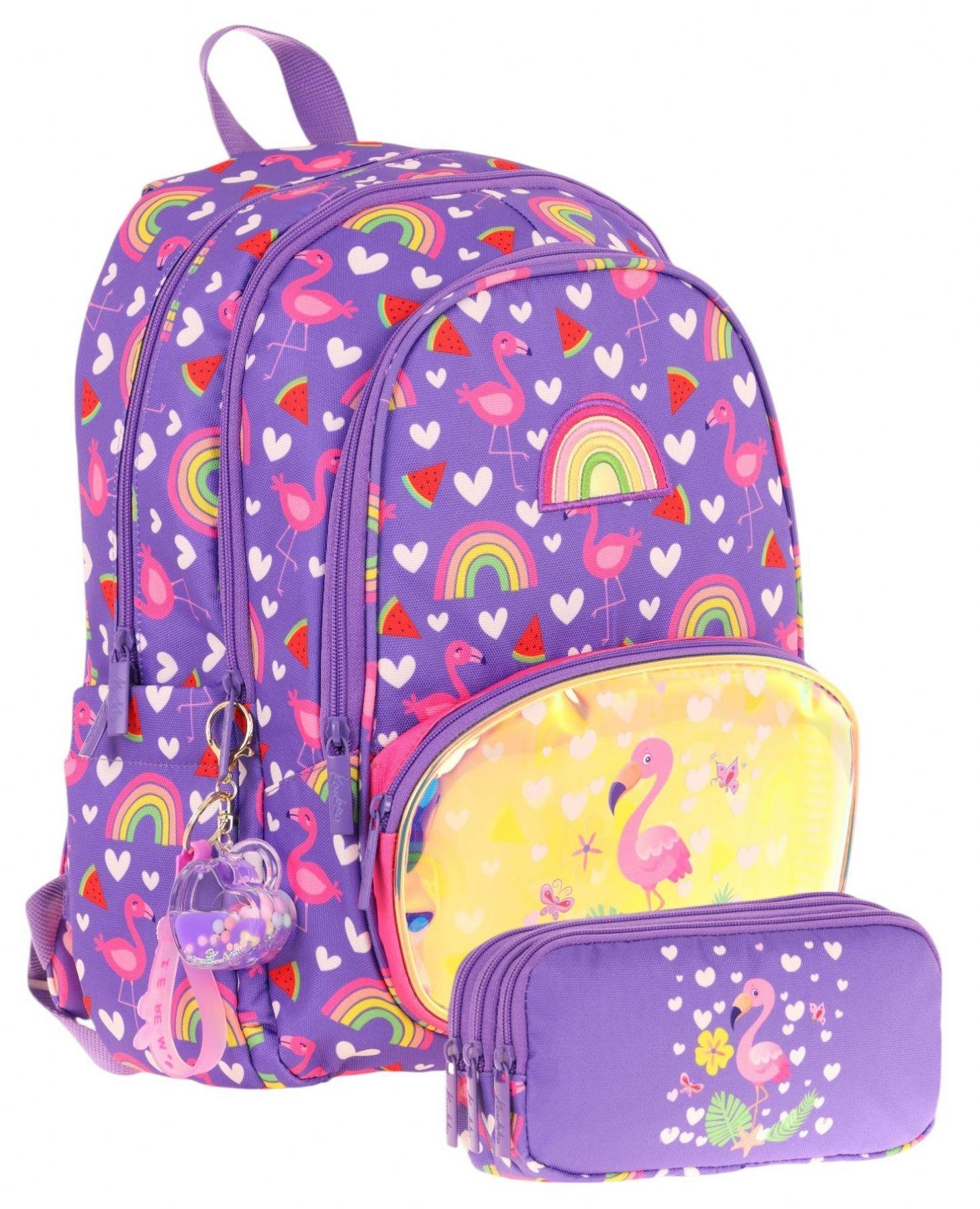 Kaukko Kız Çocuklar İçin Okul Sırt Çantası (L5226) ve Üç Bölmeli Kalemlik (L8226) Seti - Mor Pembe - Flamingo Nakışlı ve Baskılı