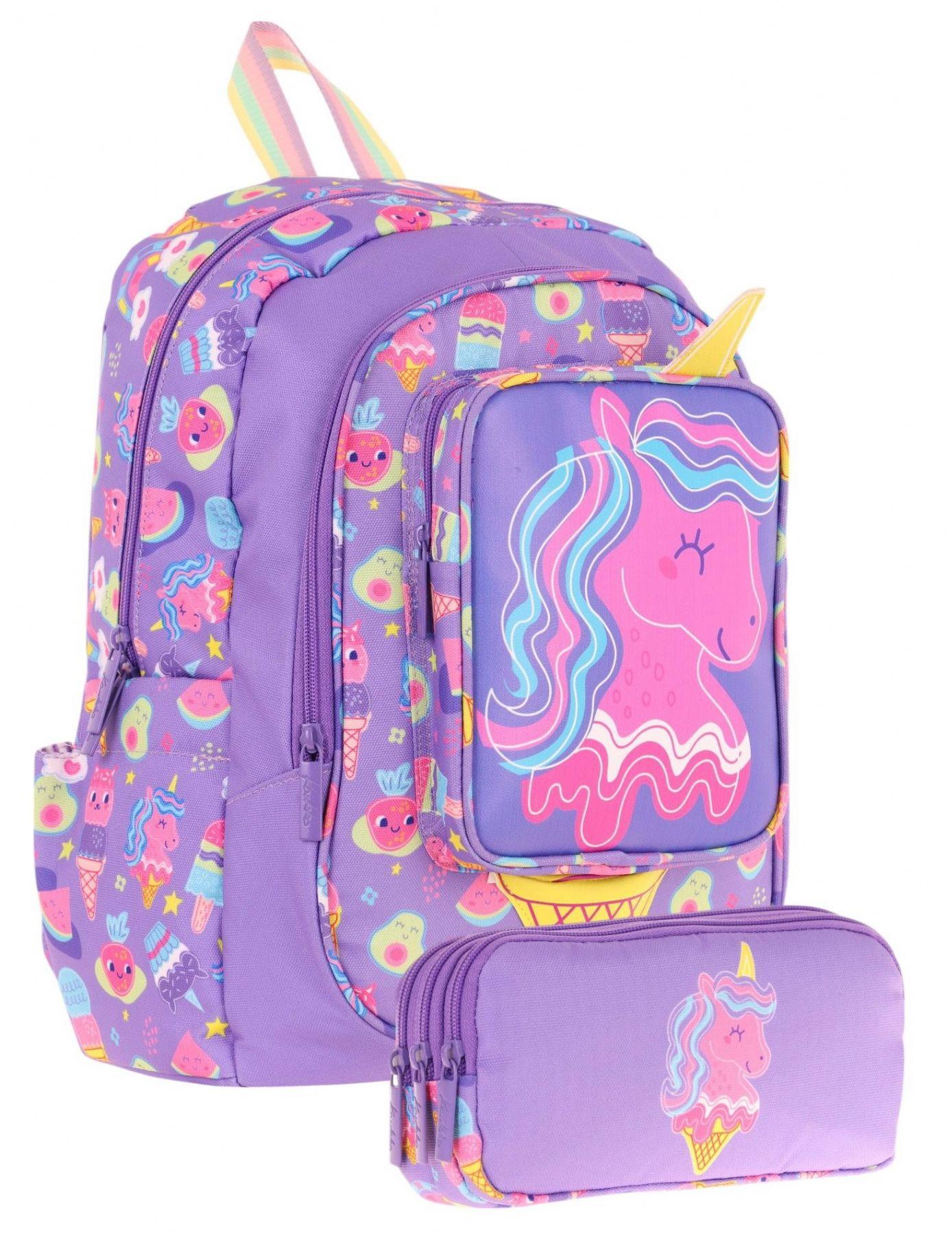 Kaukko Kız Çocuklar İçin Okul Sırt Çantası (L5224) ve Üç Bölmeli Kalemlik (L8224) Seti - Mor Sarı - Unicorn Detaylı