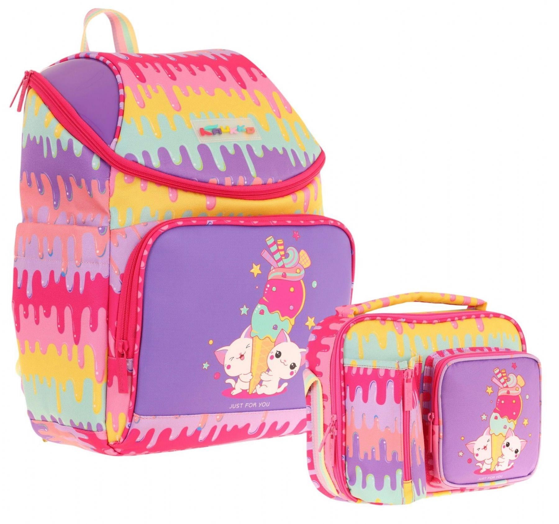 Kaukko L5247+L7247 Okul Sırt Çantası + Beslenme Çantası Seti - Sarı Mor - Dondurma - Kız Çocuk