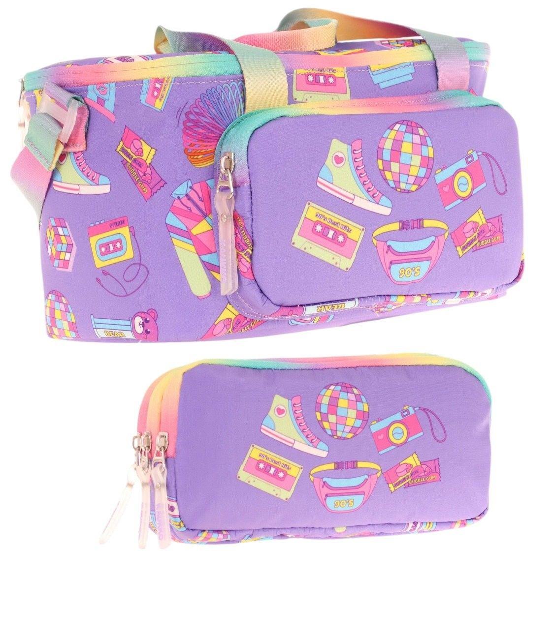 Kaukko (L7238+L8238) Beslenme Çantası (Isı Yalıtımlı) ve Kalem Çantası (Üç Bölme) Seti - Kız Çocuk - Mor Hobi Baskılı