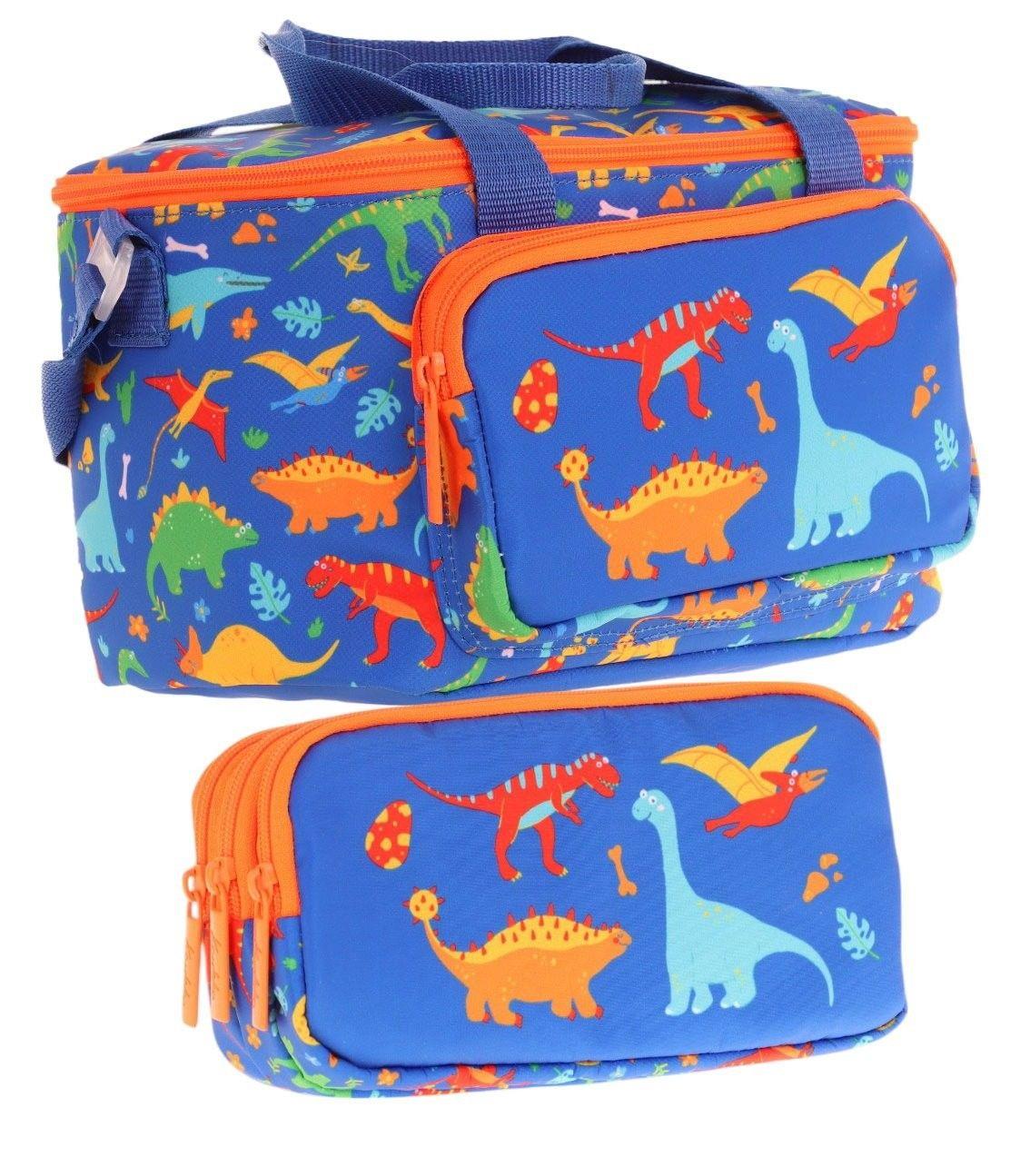 Kaukko (L7278+L8278) Beslenme Çantası (Isı Yalıtımlı) ve Kalem Çantası (Üç Bölme) Seti - Erkek Çocuk - Lacivert Yeşil Dinazor Desenli