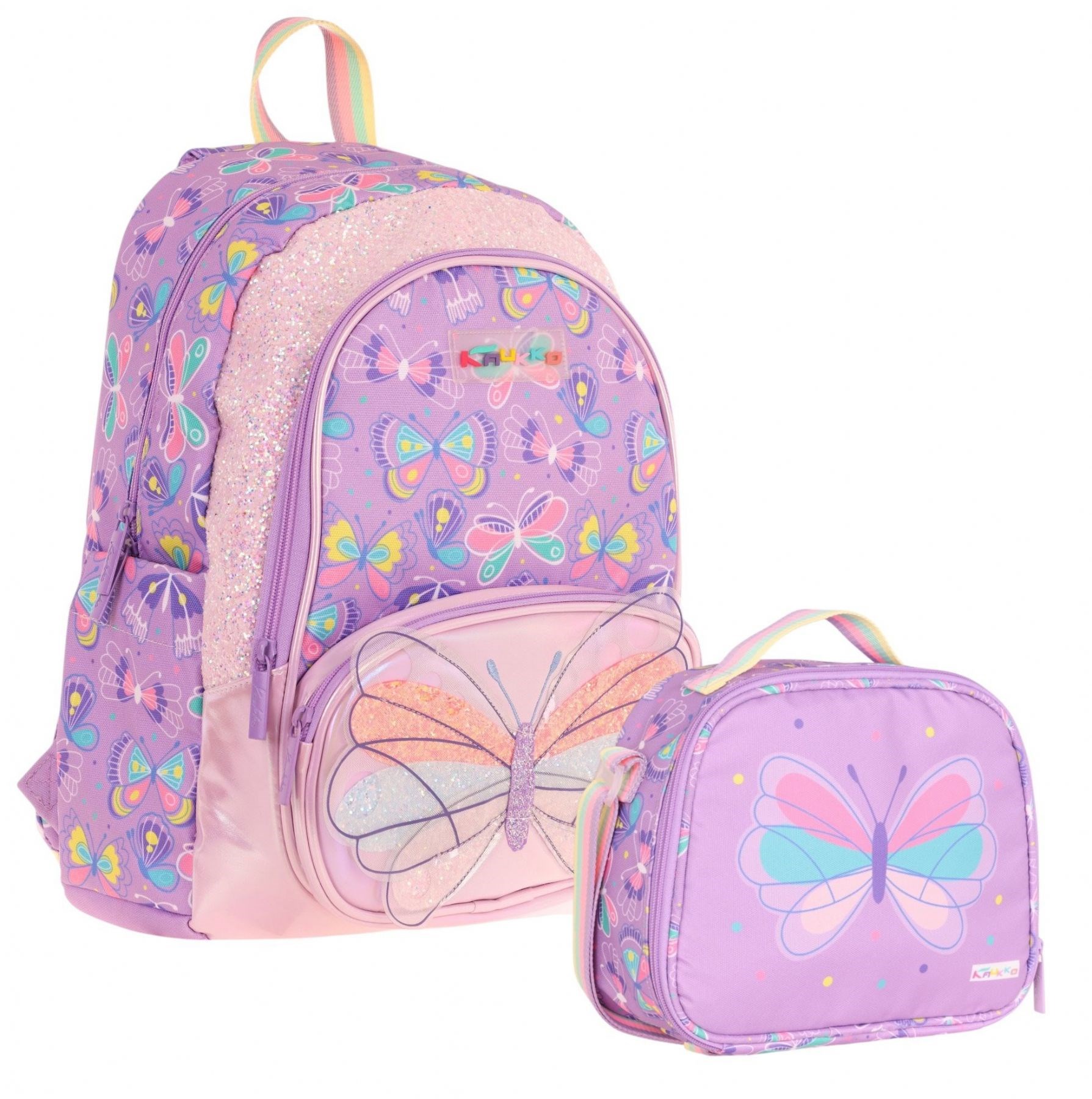 Kaukko Lila Mor Kelebek Desenli Kız Çocuk Okul Çantası Seti STKK-L5222B (Çanta ve Beslenme Seti)