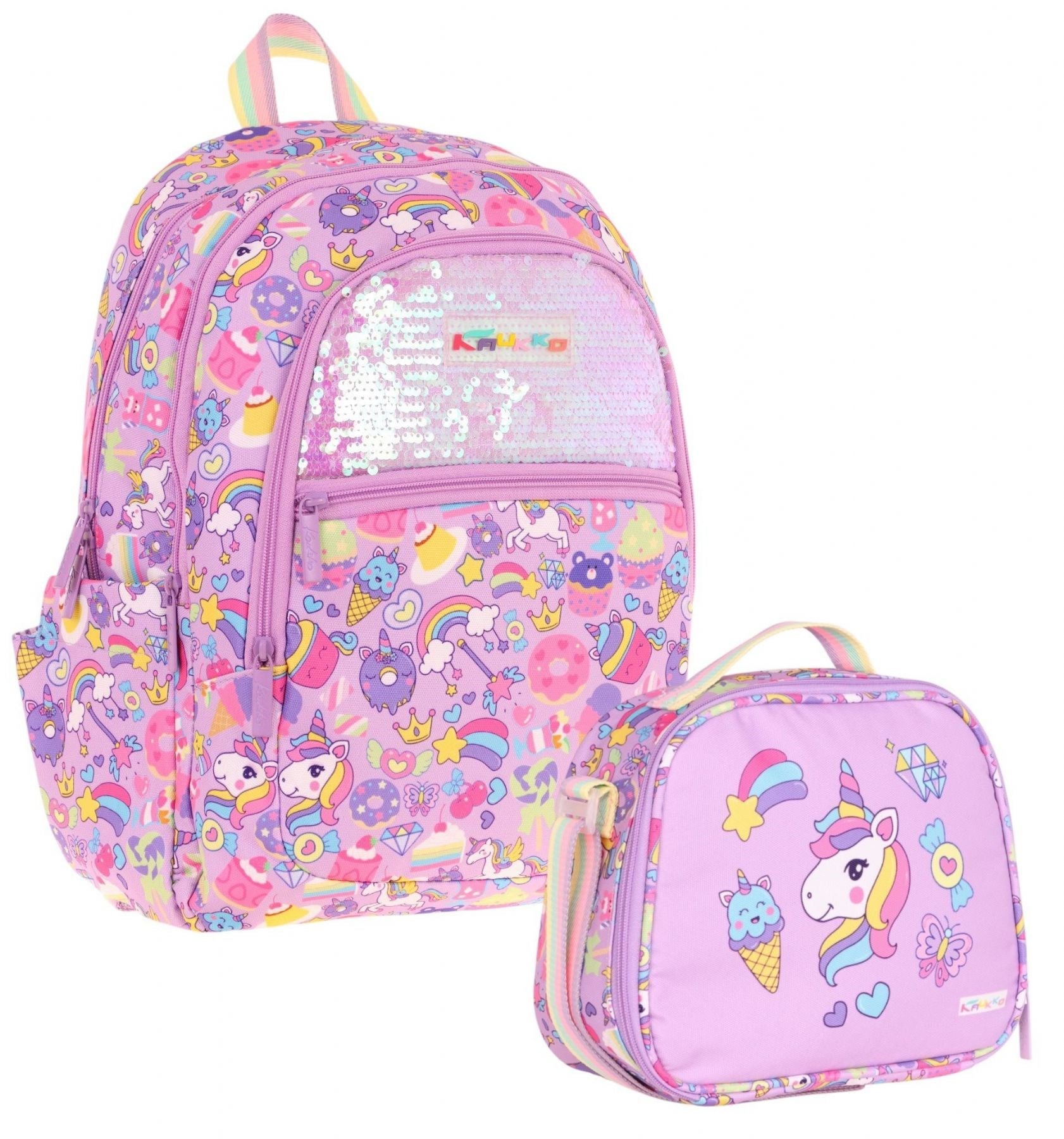 Kaukko Lila Pullu Sweet Desenli İlkokul İkili Çanta Seti - STKK-L8215B (Çanta ve Beslenme Seti)