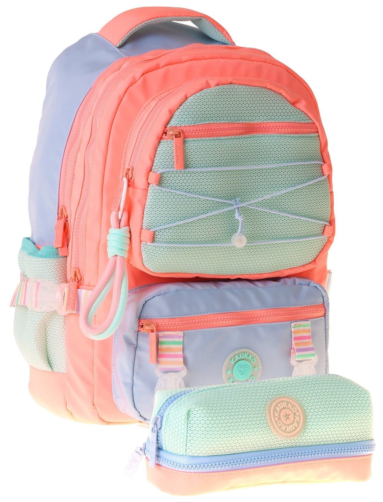 Kaukko Mesh Salmon Kız Çocuk Pembe - Yeşil Okul Sırt Çantası ve Kalem Çantası Seti - SETKK-K1853C