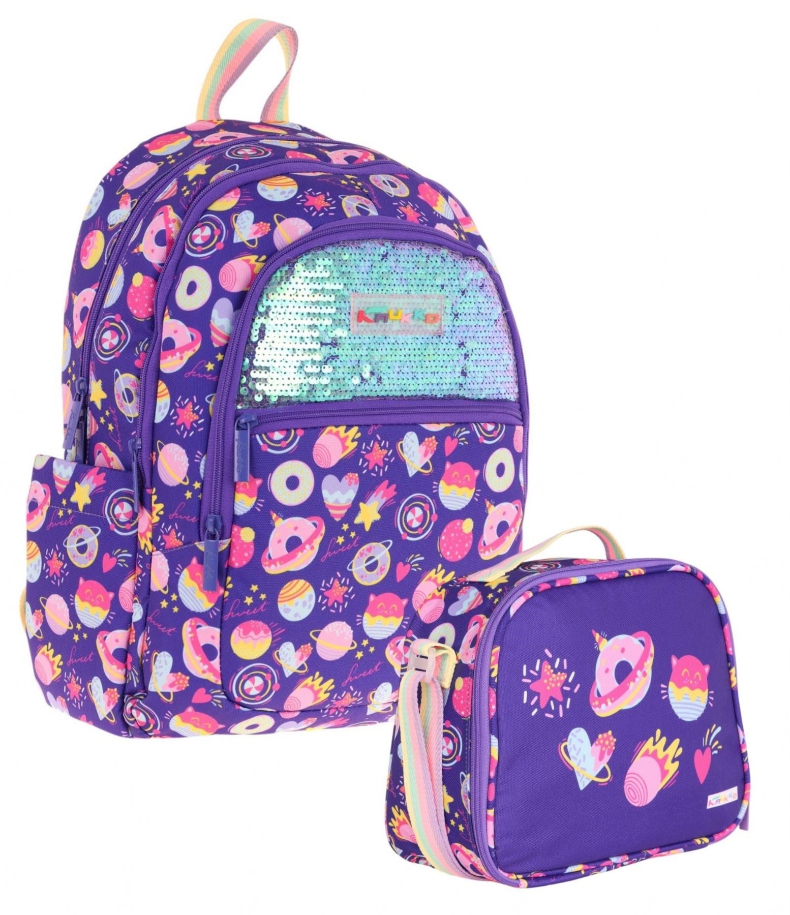 Kaukko Mor Desenli Kız Çocuk İkili İlkokul Çanta Seti - STKK-L5216B - Çanta ve Beslenme Seti