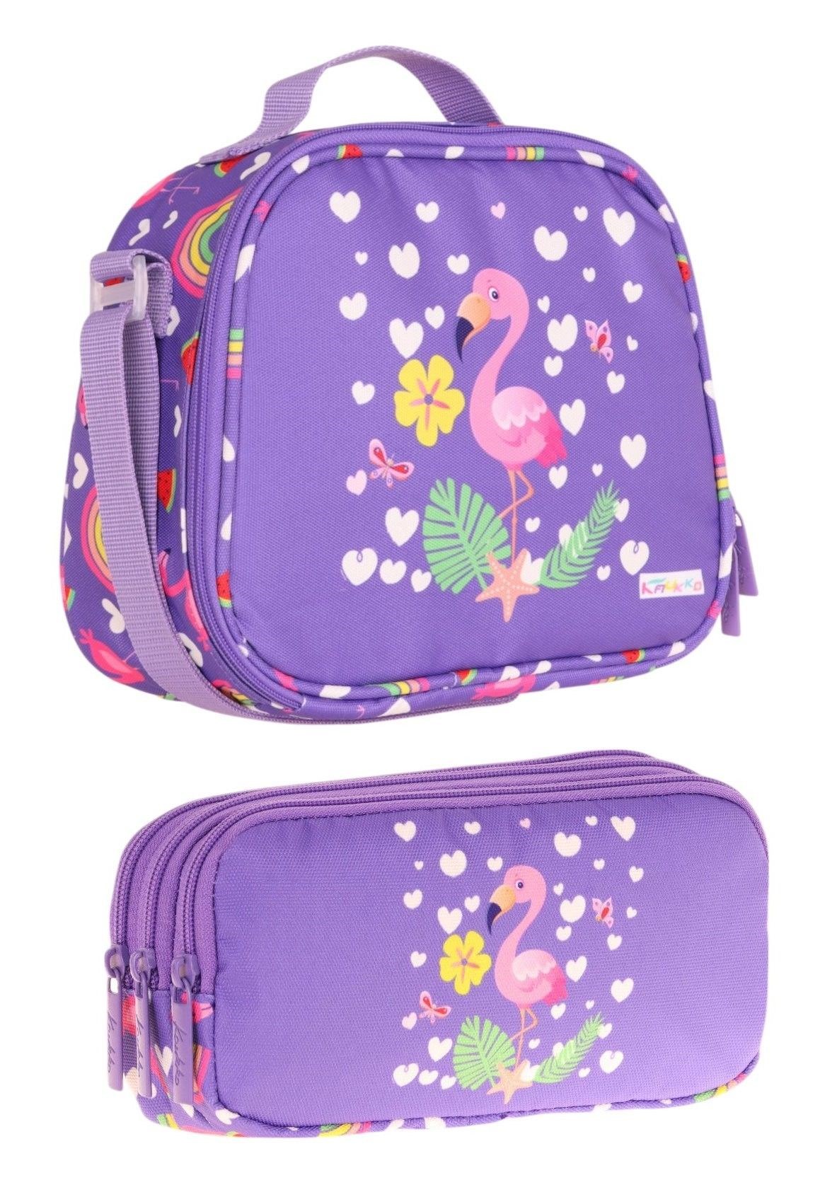 Kaukko Mor Flamingo Desenli Kız Çocuk Beslenme Çantası ve Kalemlik Seti - STKK-L7226-1